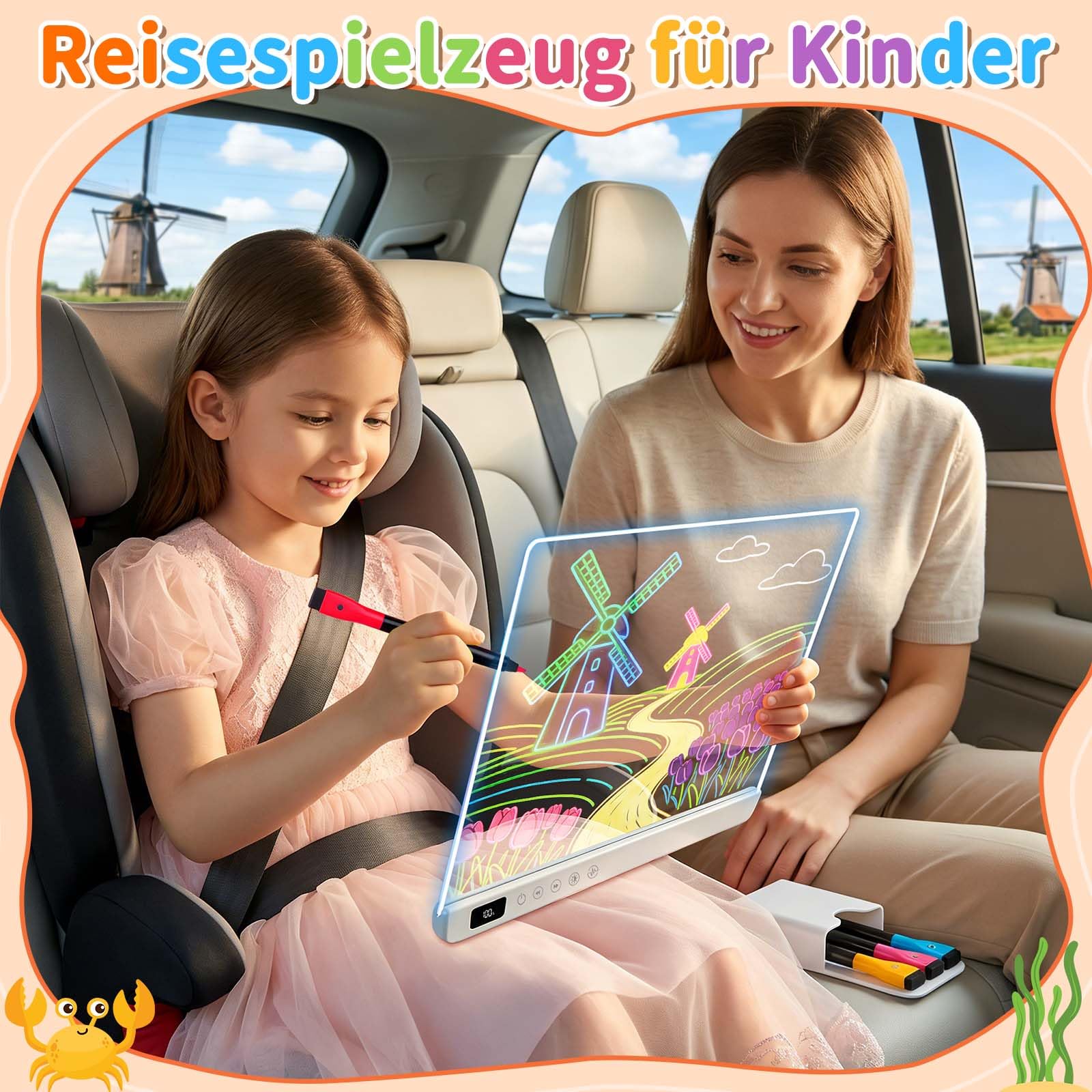 LED Zeichenbrett Kinder, Wiederaufladbare Leuchttafel mit 13 Lichtmodi, Kreatives Lernspielzeug für Mädchen Jungen 4-8 Jahre, 35 x 25 cm LED Maltafel mit Klappständer & Neon Stiften