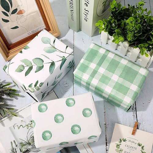 Miniatura 4 de Whaline 12 hojas de papel de regalo de hojas verdes de acuarela, papel de regalo de hojas verdes, papel de eucalipto plano plegado a granel para