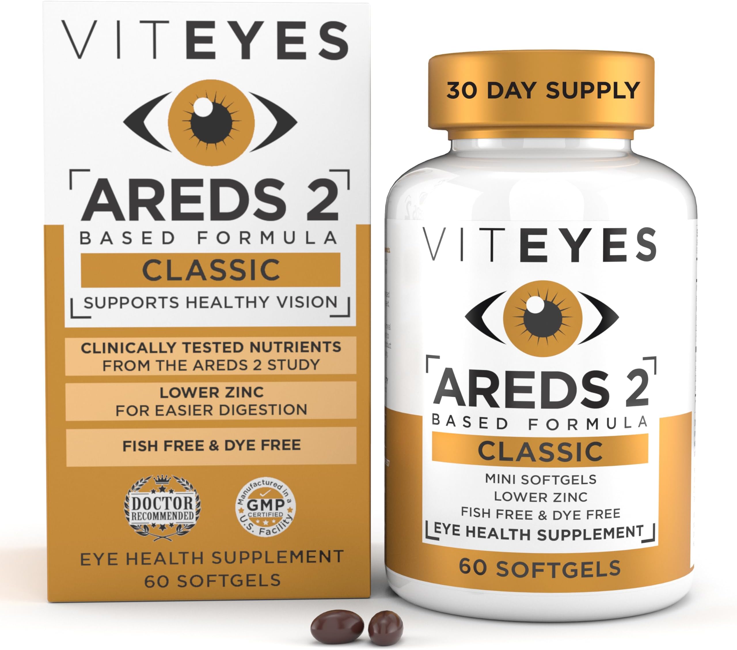 AREDS 2 Classic Macular Health Formula Softgels, Eye Health Vitamin for Vision Protection, Lower Zinc, Eye Vitamins, Macular Vitamins, Beta-Carotene Free, 60 Softgels