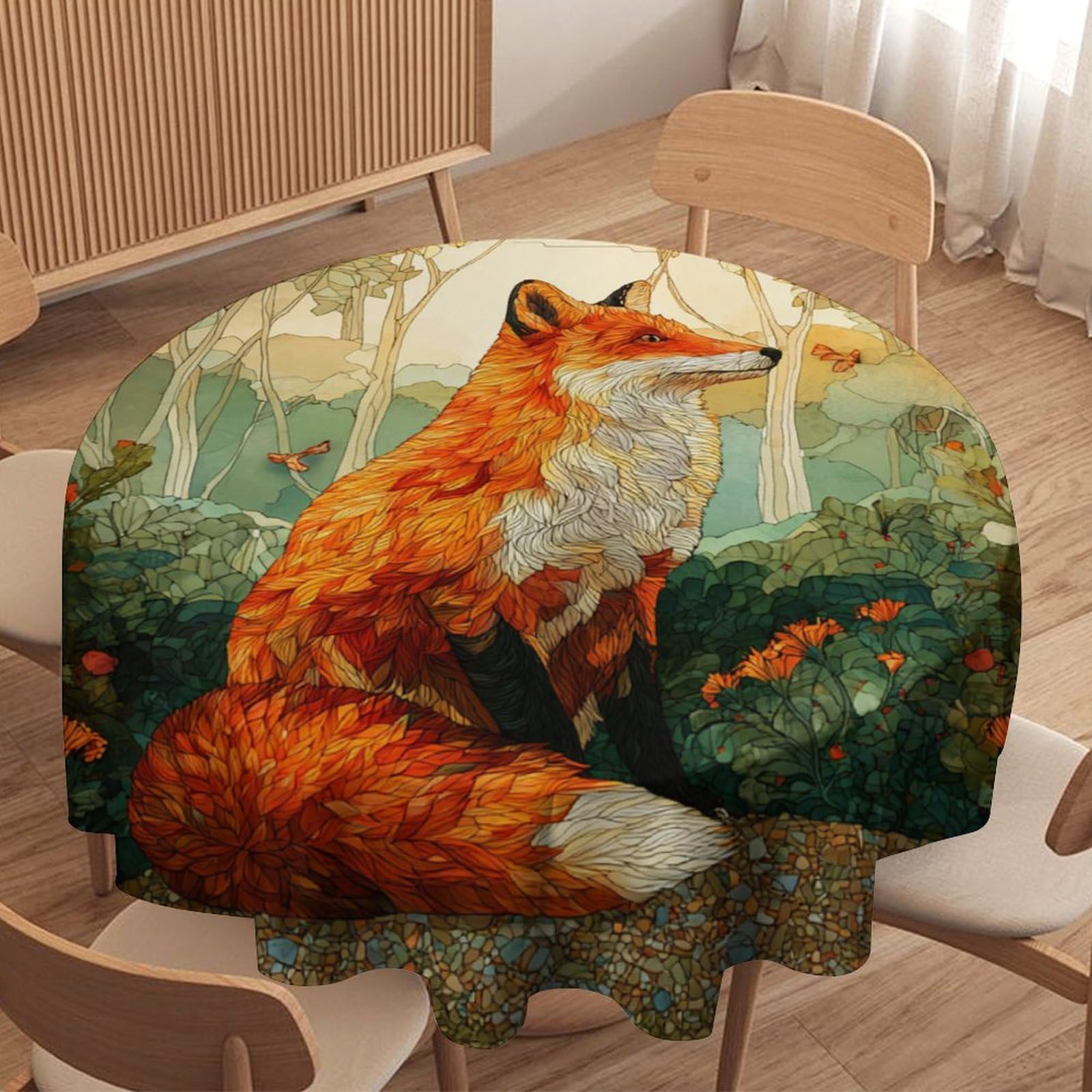 LUYYSKY Rustic Realistic Animal Fox Round Tablecloth Classic Oil Painting Autumn Forest Hunting Theme Wildlife Fox Washable Decor for Table Cover for Kitchen-127 Wx127 L cm
