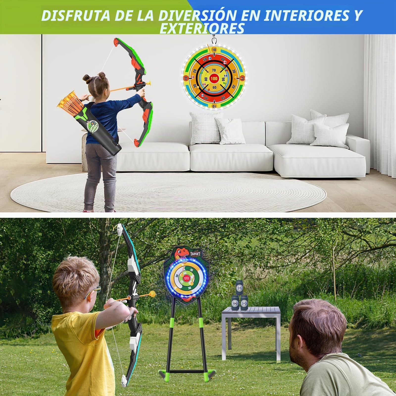 HYES 2 Pack Arco y Flechas con 29" Glow Dart Board, LED Iluminar el Dinosaurio Tiro con Arco con Flechas de Succión, Objetivo de Resplandor, Regalos Juguete para Niños Niñas Interior y Exterior