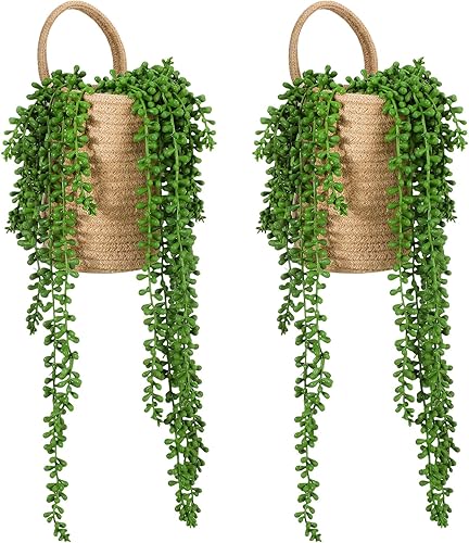 Umigy Paquete de 2 cestas de cuerda para colgar en la pared con 4 cuerdas de perlas de imitación de yute para plantas colgantes con suculentas