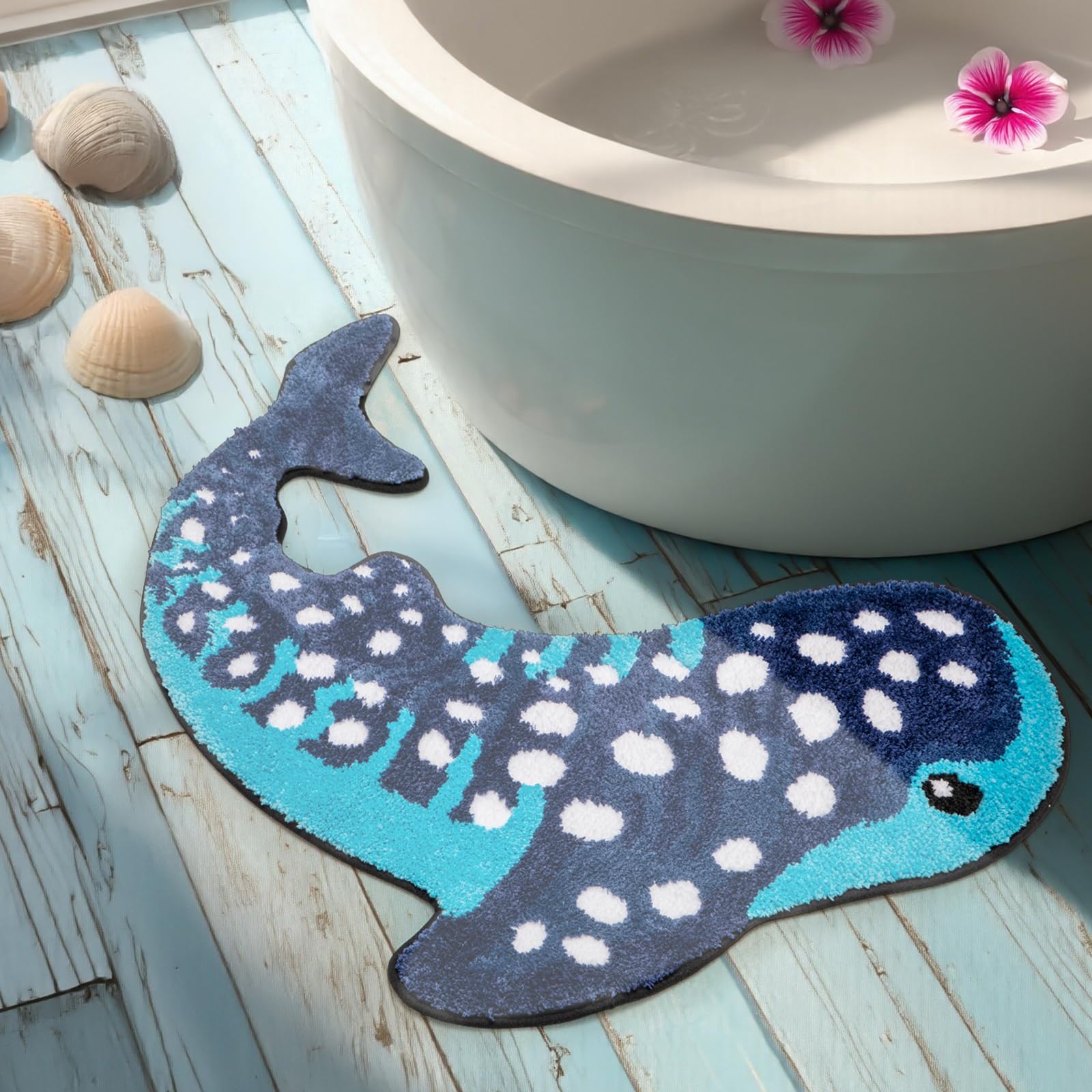 Percozzi Whale Shark Bathroom Rug 35"*28", Handmade Tufted Ocean Animal Bath Mat with Non-Slip TPR Backing, Soft Plush Blue Whale Shark Bath Decor for Coastal & Marine Lovers