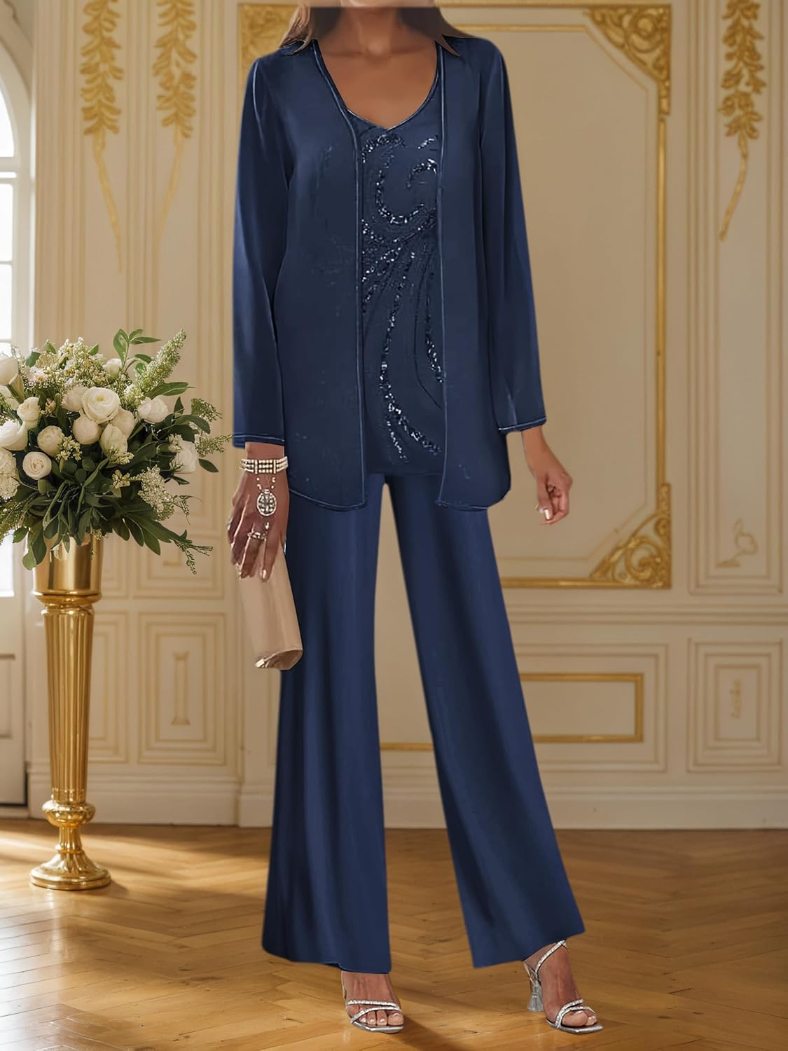 Chiffon Mother of The Bride Pant Suits for Women 3 Piece Sequin Formal Wedding Guest Outfit with Jacket