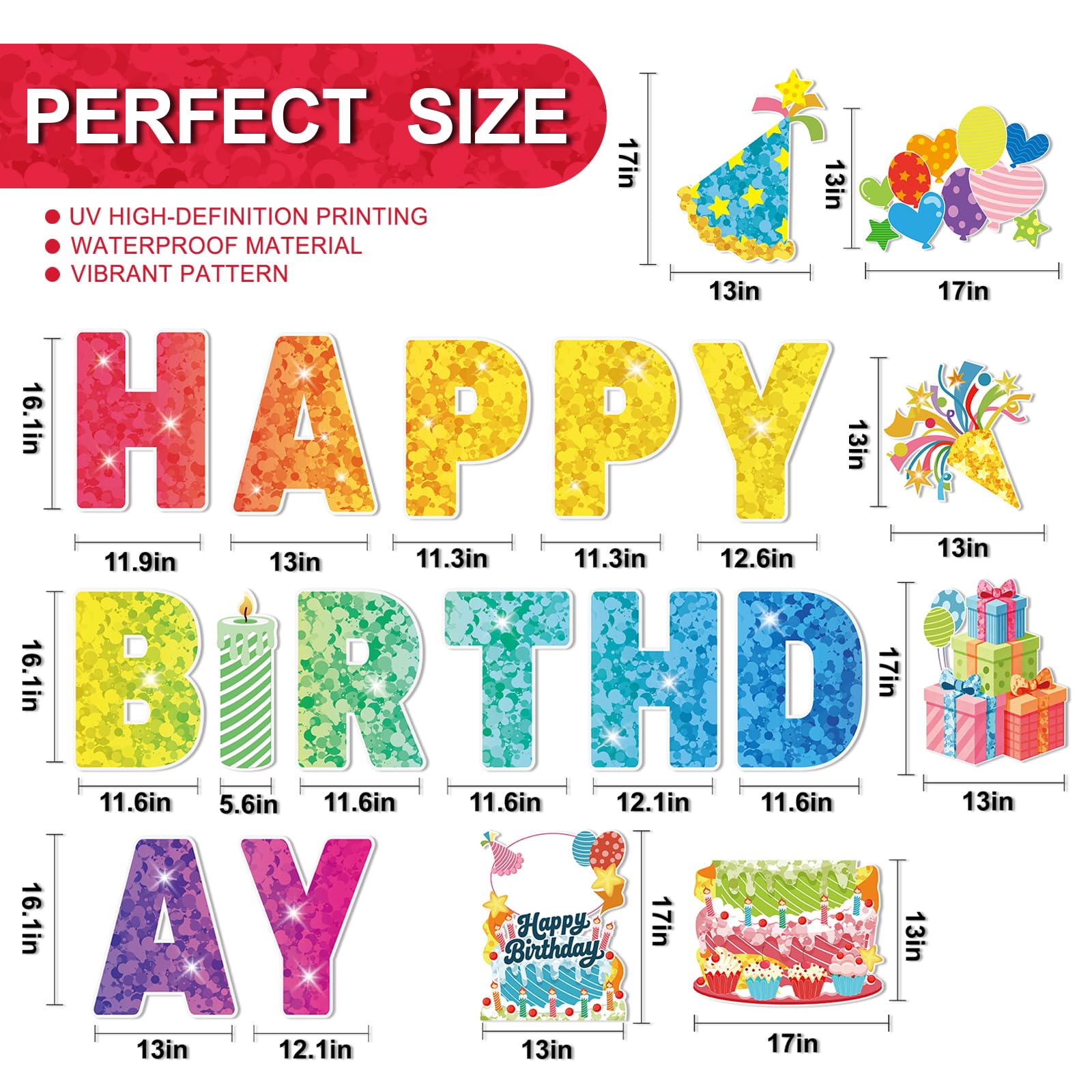 'Happy Birthday' znaki podwórkowe dekoracje zewnętrzne – zestaw 19 szt. z literami 40 cm, duży znak na tort na metalowym stojaku w kształcie litery H, światła LED i słupki na trawnik, ogród