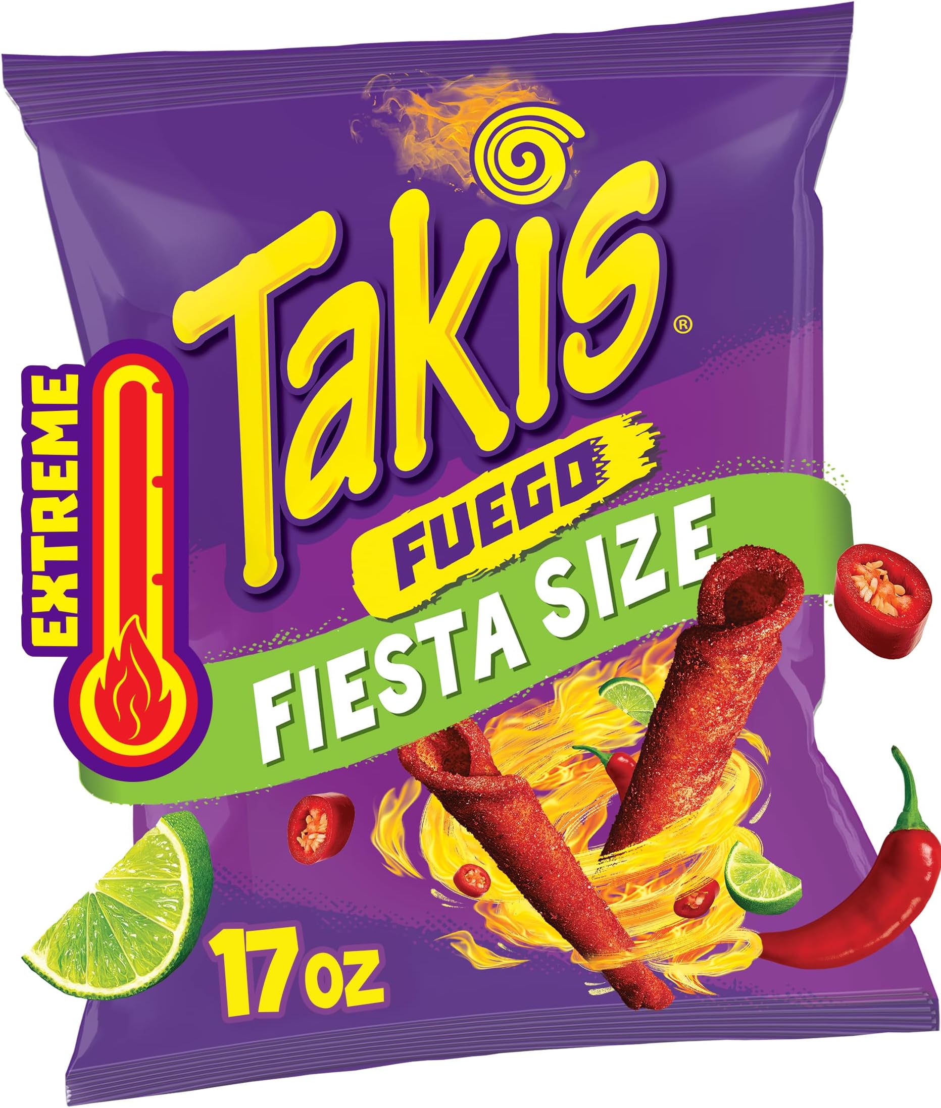 Takis Fuego 17 oz Fiesta Size Hot Chili Pepper & Lime Flavored Extreme Spicy Rolled Corn Tortilla Chips