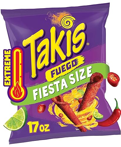 Takis Fuego 17 oz Fiesta Size Bag, Hot Chili Pepper & Lime Flavored Extreme Spicy Rolled Tortilla Chips - Fuego - 17 Ounce (Pack of 1)