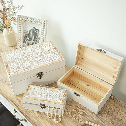 Miniatura 6 de Juego de 3 cajas decorativas de madera, caja de recuerdo rústica con tapa con bisagras y diseño floral tallado, caja de almacenamiento de madera