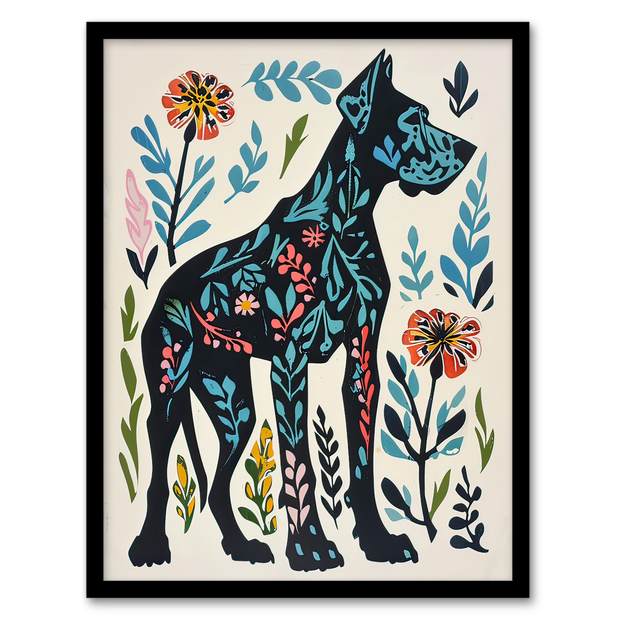 Artery8 Great Dane Dog Lover Floral Folk Art Pattern Living Room Artwork Framed Wall Art Print 18X24 Inch