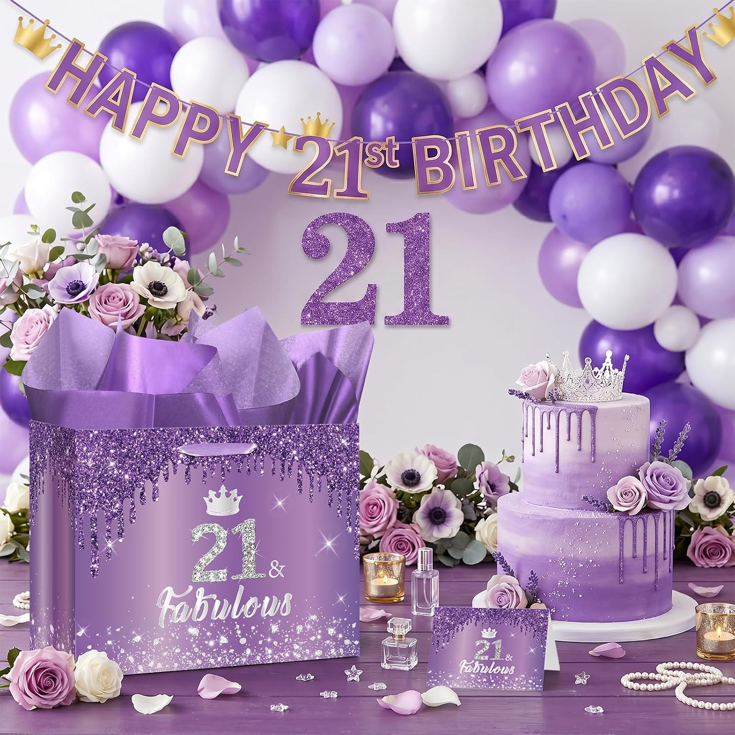 Yoirrat 21st Birthday Gift Bag for Women with Tissue Paper & Card Large Purple Silver Glitter 21 & Fabulous Crown Gift Bag Happy Twenty First Bday Party Supplies for Daughter Niece Granddaughter Her image 2