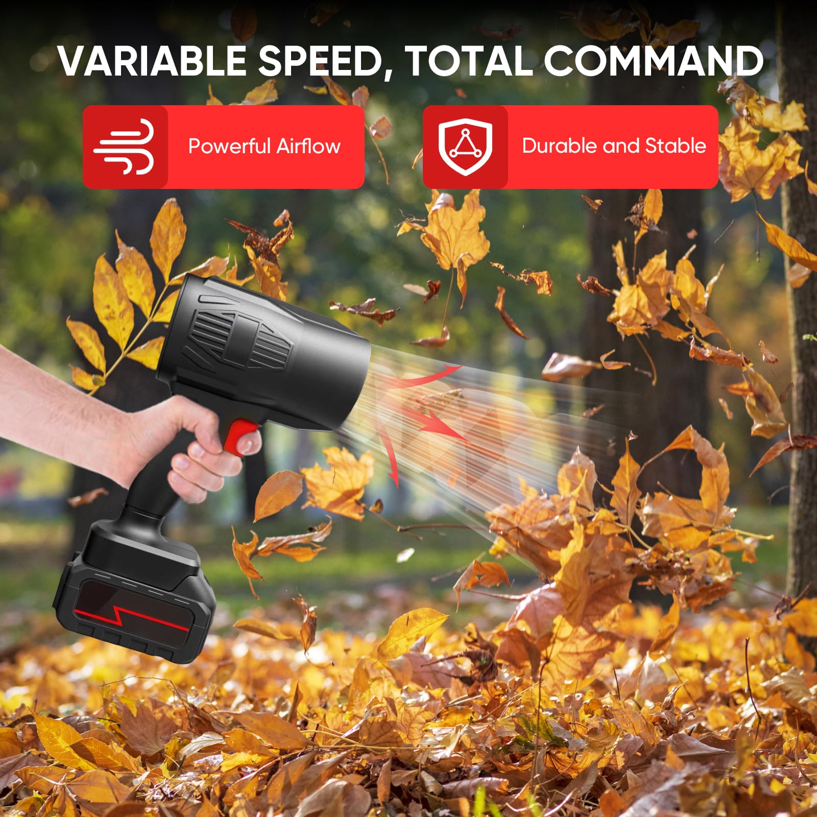 Soplador de Hojas, Turbo Sopladora de Hojas, 21V con 2 Baterías de 4.0Ah, Soplador Bateria, Ideal para Jardín, Coche, Patio, Nieve y Camping