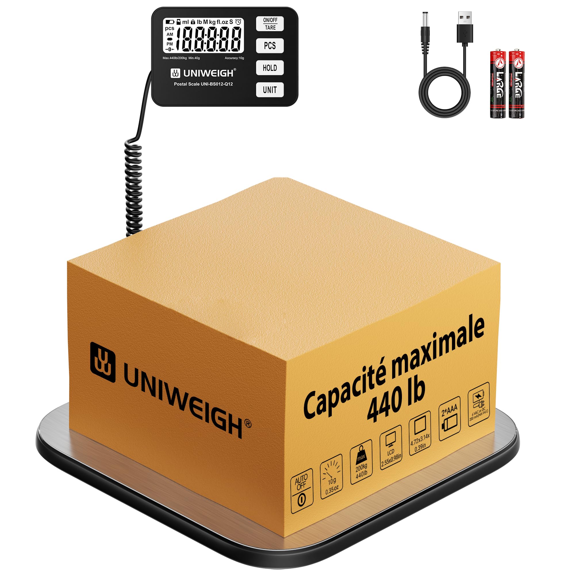 Balance de colis UNIWEIGH 200 kg/10 g numérique avec PCS/Hold/Tare