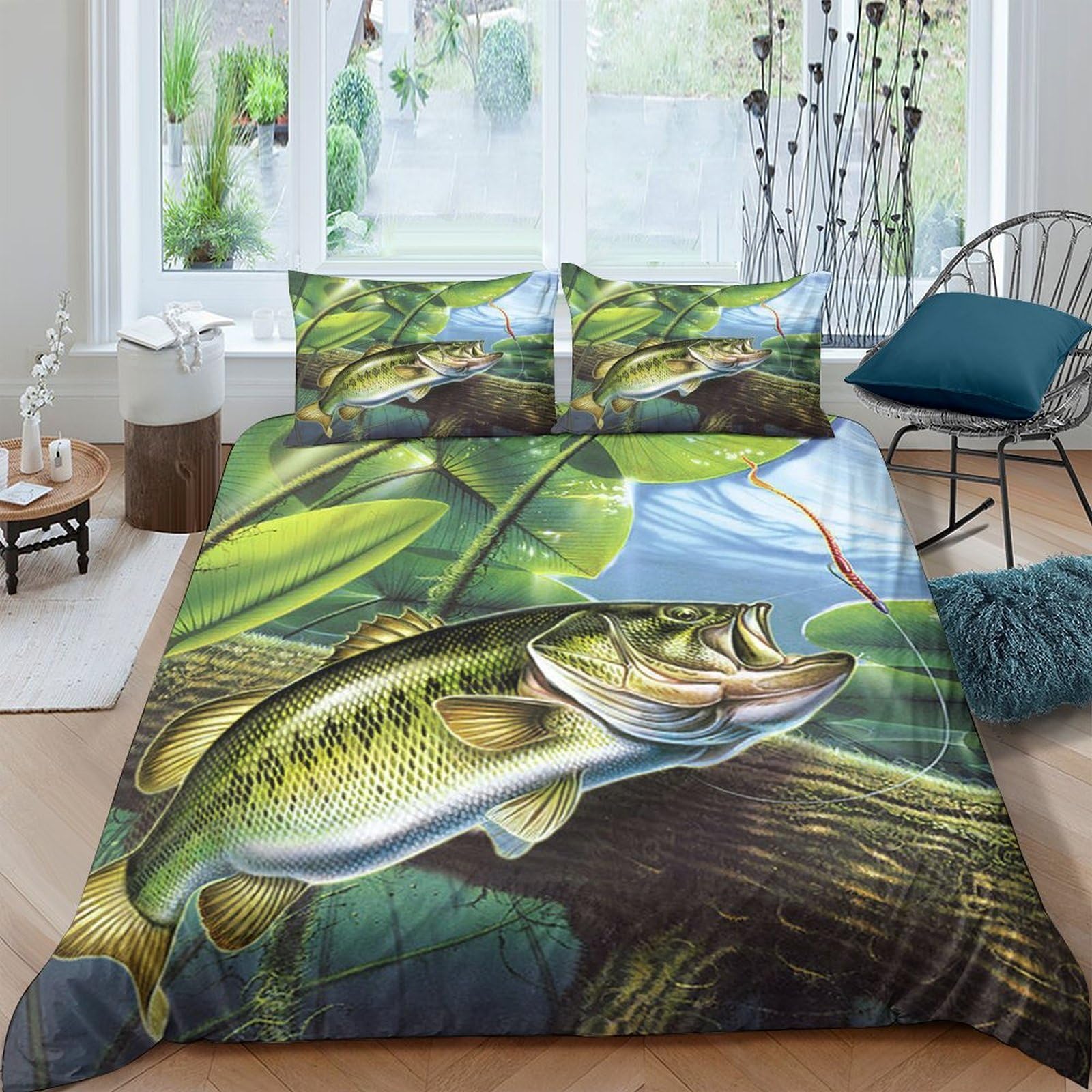 Ctjqhvkz Style-7 3D Printed Largemouth Bass Fitted Sheet Microfiber Soft Green Leaf Forest Bed Cover For Bedroom Dorm Mattress Decor Single（135X200cm）