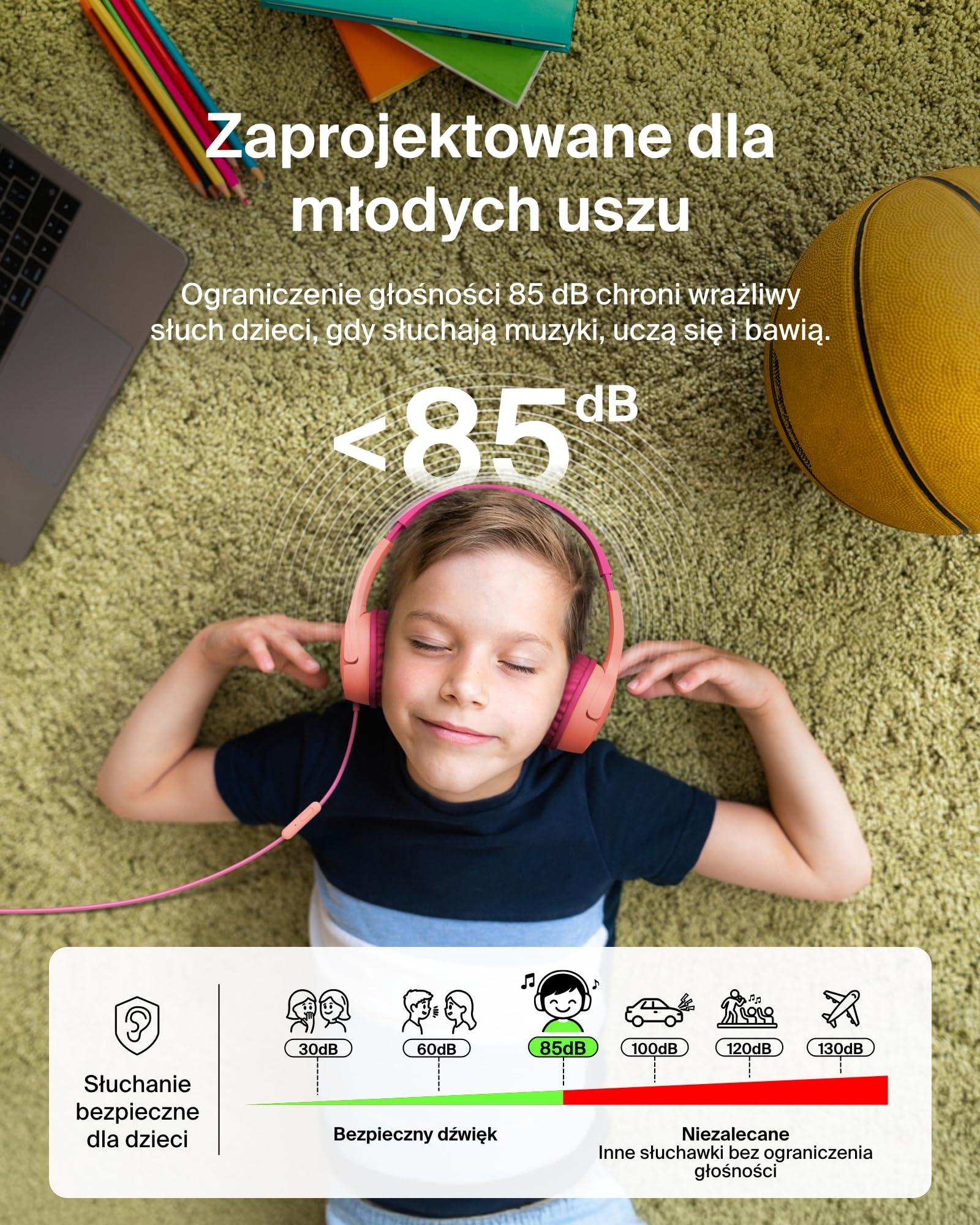 Belkin SoundForm Mini Słuchawki Dzieci Przewodowe, przejściówka USB-C do 3,5 mm, mikrofon, naklejki, maks. głośność 85 dB – nauka online i podróże, do urządzeń iPhone, iPad, Galaxy – Różowe