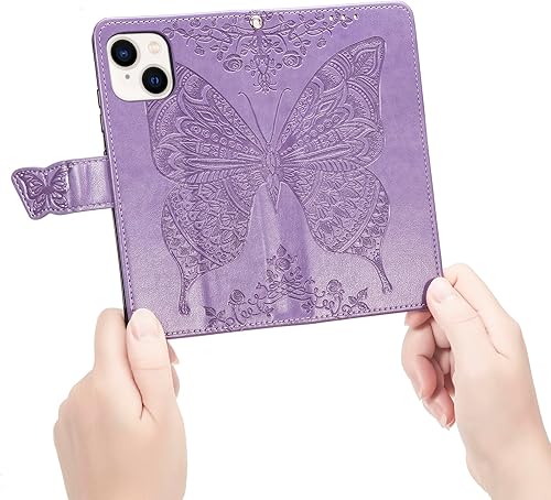 Miniatura 5 de Funda tipo cartera para iPhone 15 Plus, con estampado de mariposas y flores en relieve, de piel de primera calidad, con ranuras para tarjetas,