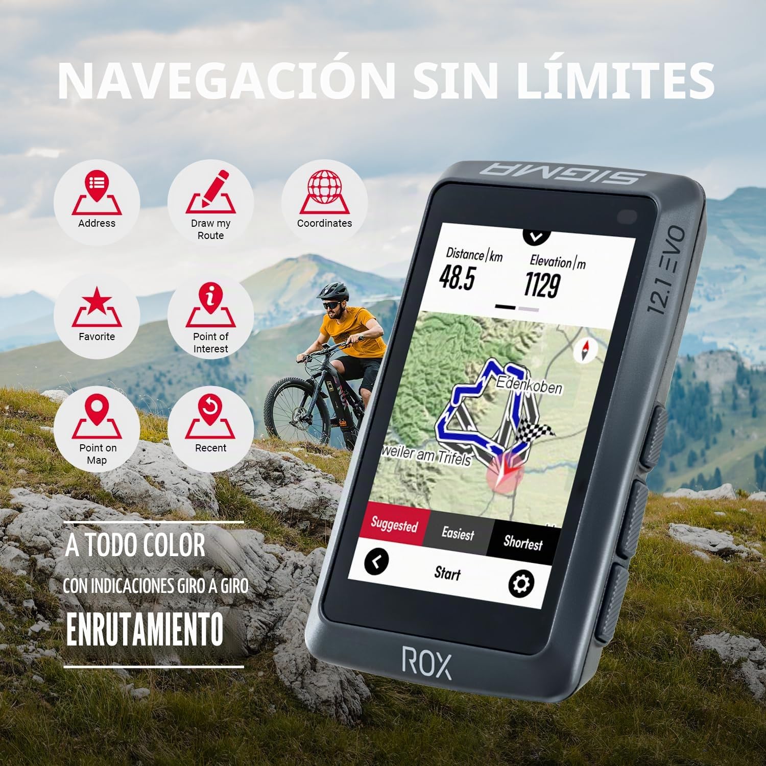 SIGMA ROX 12.1 EVO Ciclocomputador GPS inalámbrico 3" | Fabricado en Alemania | Navegador Bicicleta con 150 Funciones, GLONASS & Bluetooth - Compatible con Komoot & E-Bike