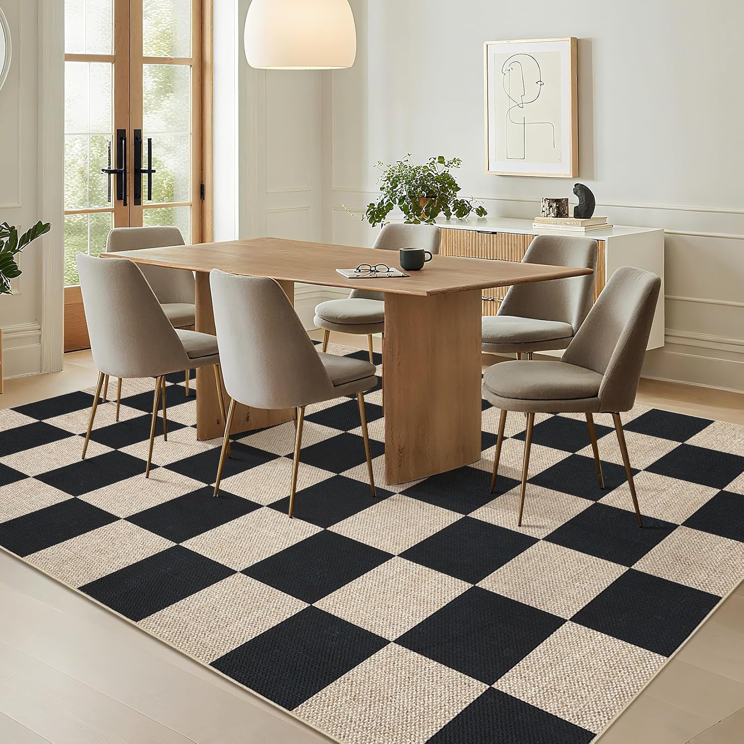 COZYLOOM Indoor Outdoor Rugs 5x7 Checkered Easy Jute Rug Washable Modern Geometric Area Rug for Living Room, Non Slip Stain Resistant Contemporary Mats for Bedroom, Dining Room, Patio, RV, Black