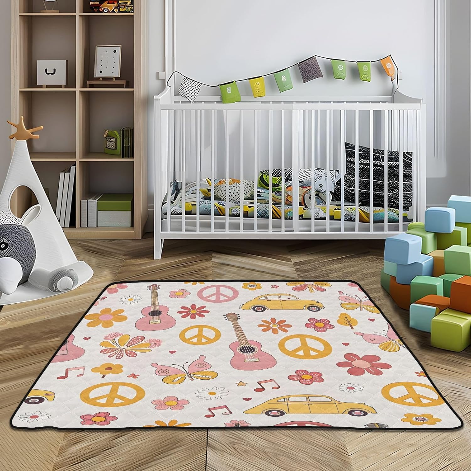 Music Guitar Peace Art Baby Play Mat for Floor 50" X 50" Foldable Waterproof Non-Slip Playmat for Baby Playpen Quilted Crawling Mats Game Rug