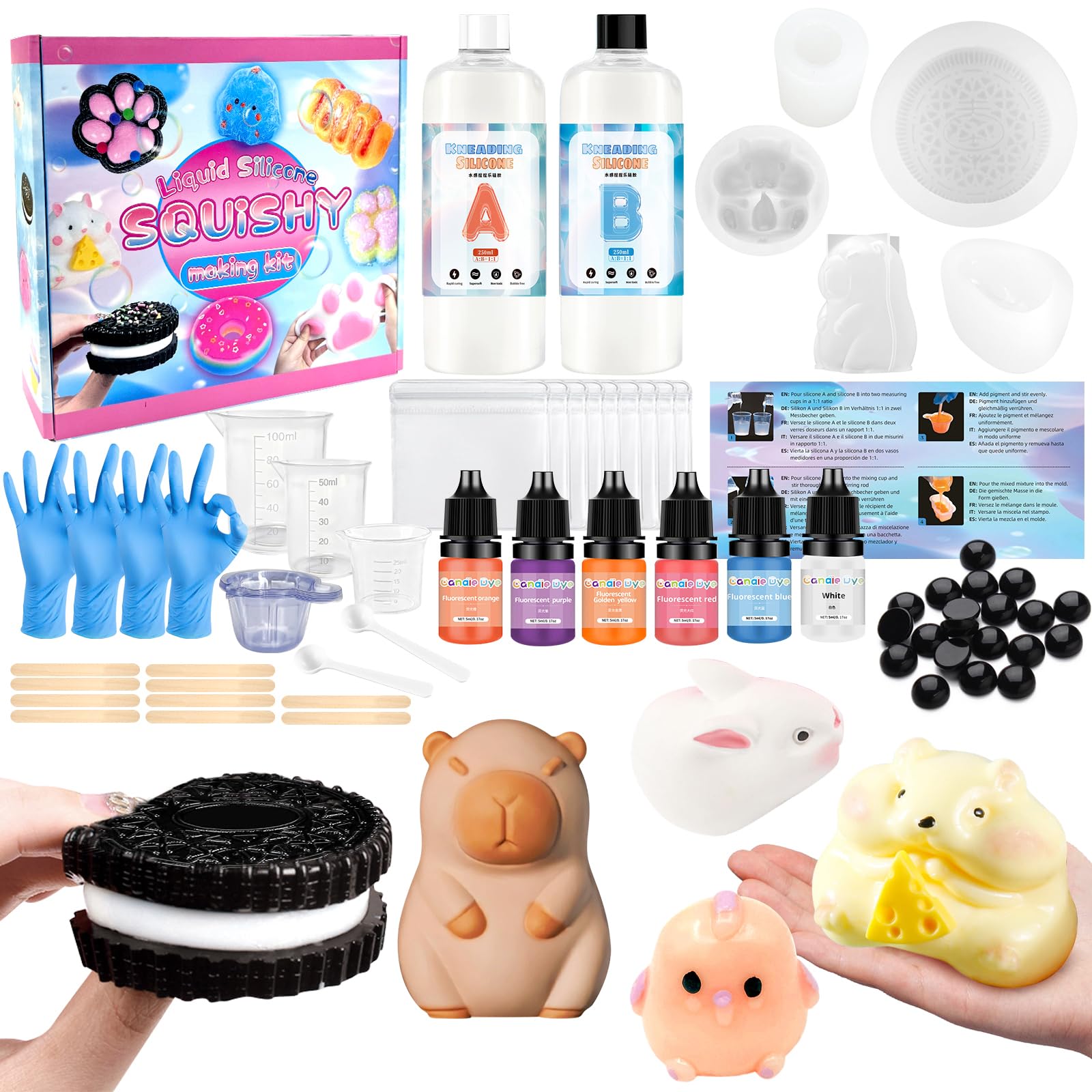 DIY Squishy Kit, Make Your Own Squishy Set, 1:1 AB Ratio Mix, Animals S-quishy Making Kit with Hamster, Rabbit, Chick, Cookies 5 Types of Molds, Pigment, Decorative Eyes & Complete Tool Set