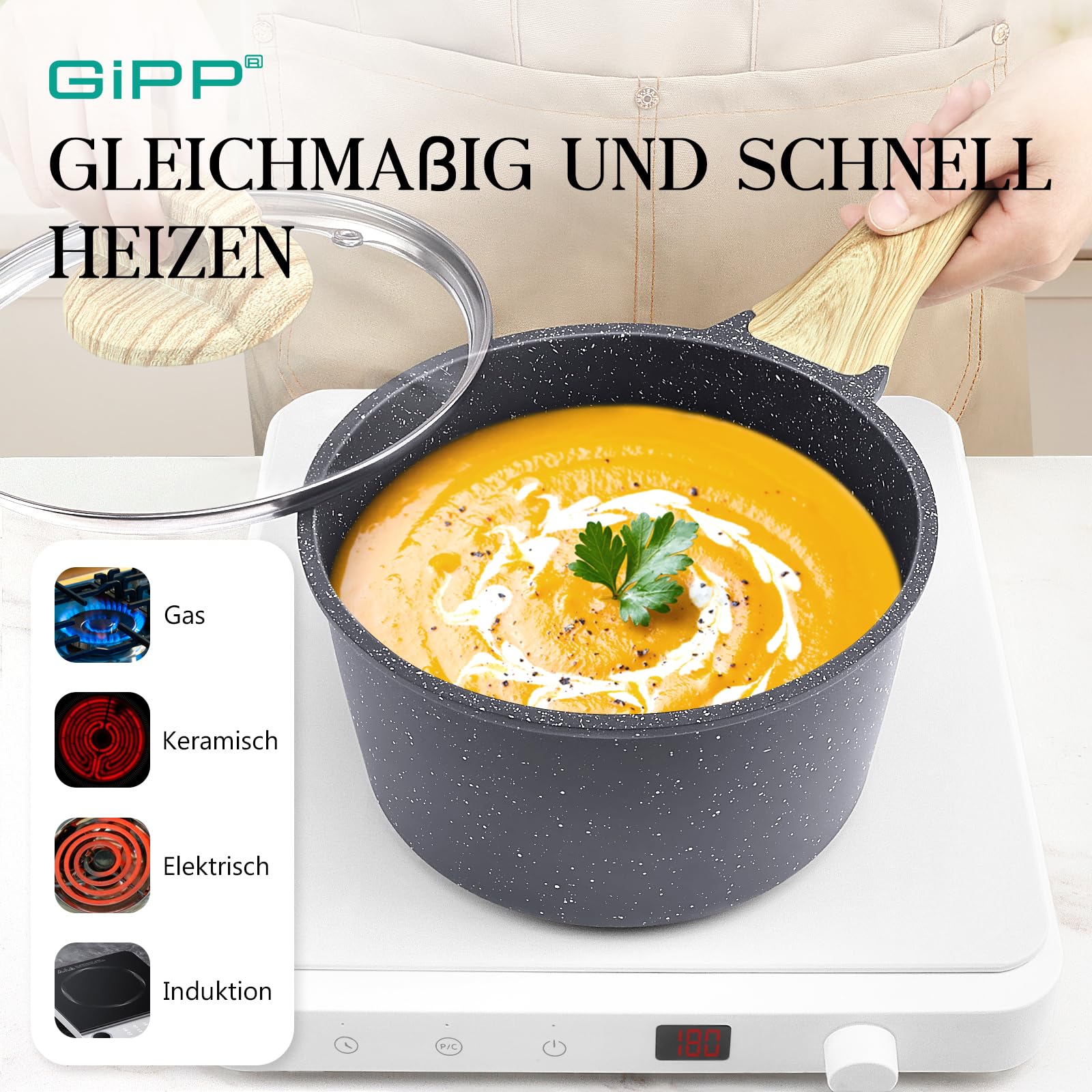 GiPP Pfannen- und Topfset mit Keramischer Antihaftbeschichtung – 21-Teiliges Induktions-Pfannenset mit Pfannenwender + Löffel, Ungiftig, für Verschiedene Herdarten Geeignet,Grau