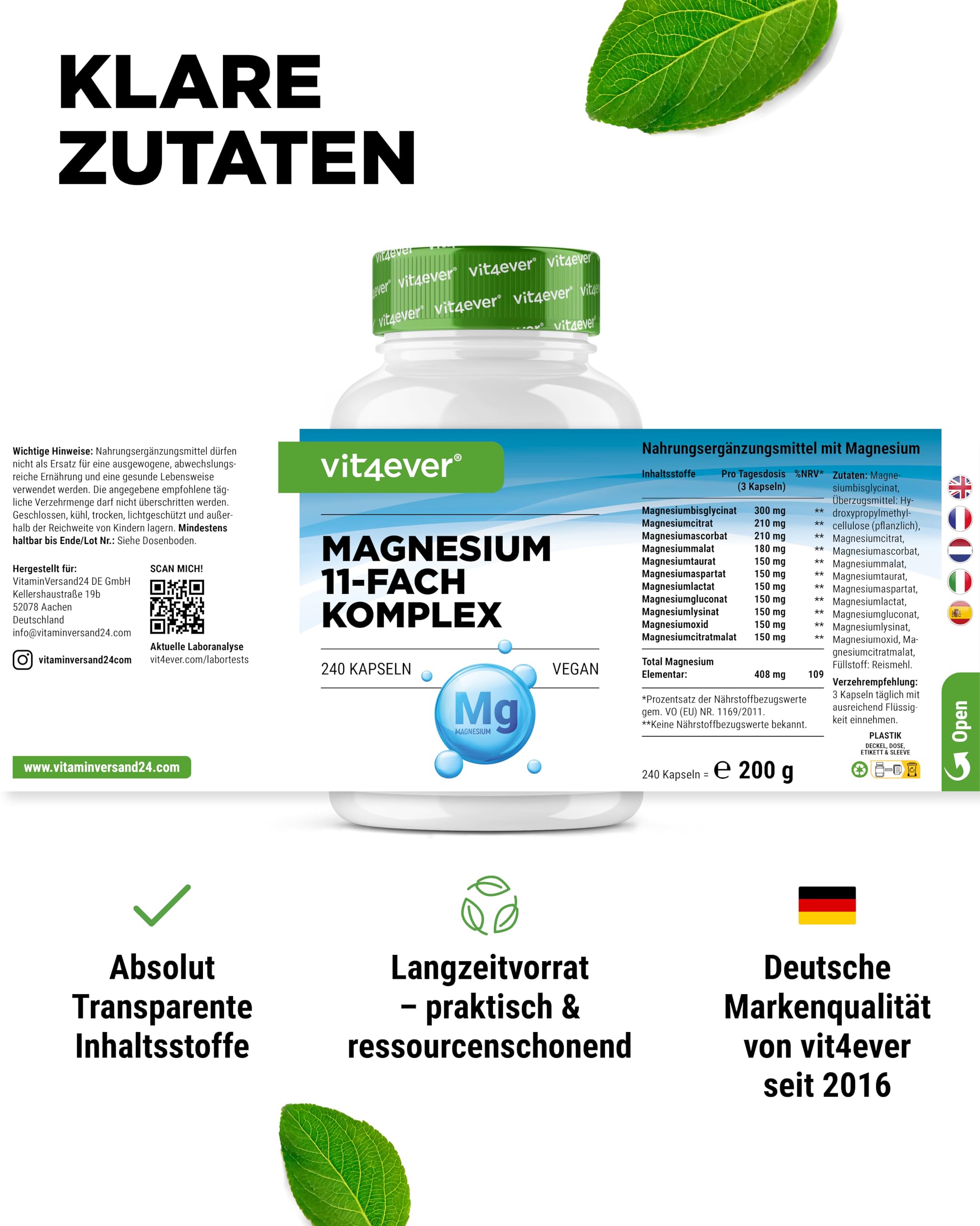vit4ever Magnesium 11-fach Komplex - 240 Kapseln - aus 11 Verbindungen | 408 mg elementares Magnesium pro Tagesdosis, 11 hochwertige Magnesium-Formen, hohe Bioverfügbarkeit, vegan