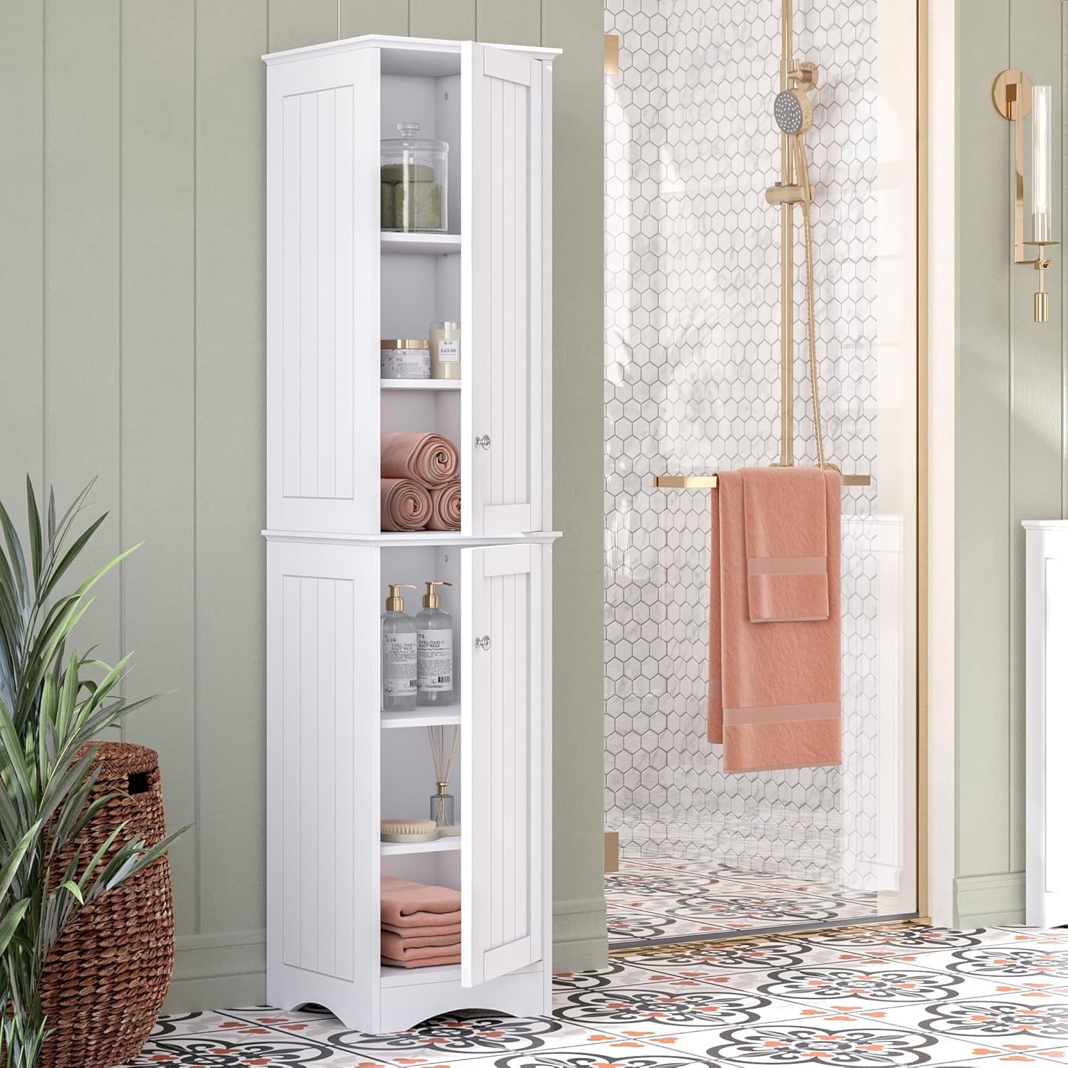 White Tall Lockable Bathroom Cabinet with Adjustable Shelves