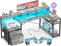 Aheaplus Reversible L-Shaped Gaming Desk with Power Outlet, LED Lights, File Drawers & Monitor Shelf - White Oak Home Office Corner Desk