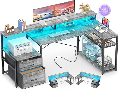 Aheaplus L Shaped Desk with File Drawer, Reversible L Shaped