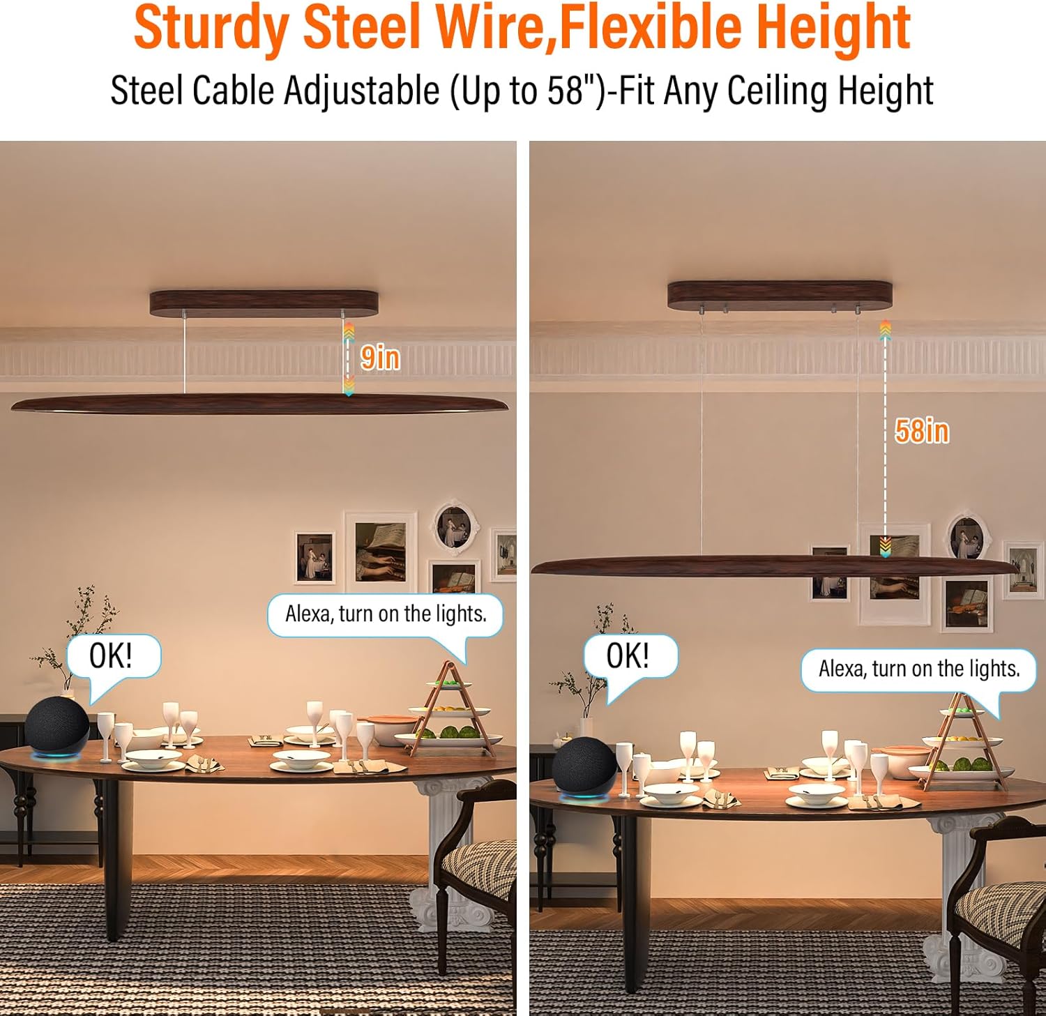 44" Wood Linear Pendant Light, LED Dimmable Island Lights for Kitchen with Remote & APP Control, 30W Adjustable CCT (3000K-6000K) for Dining Room Kitchen Island Bar
