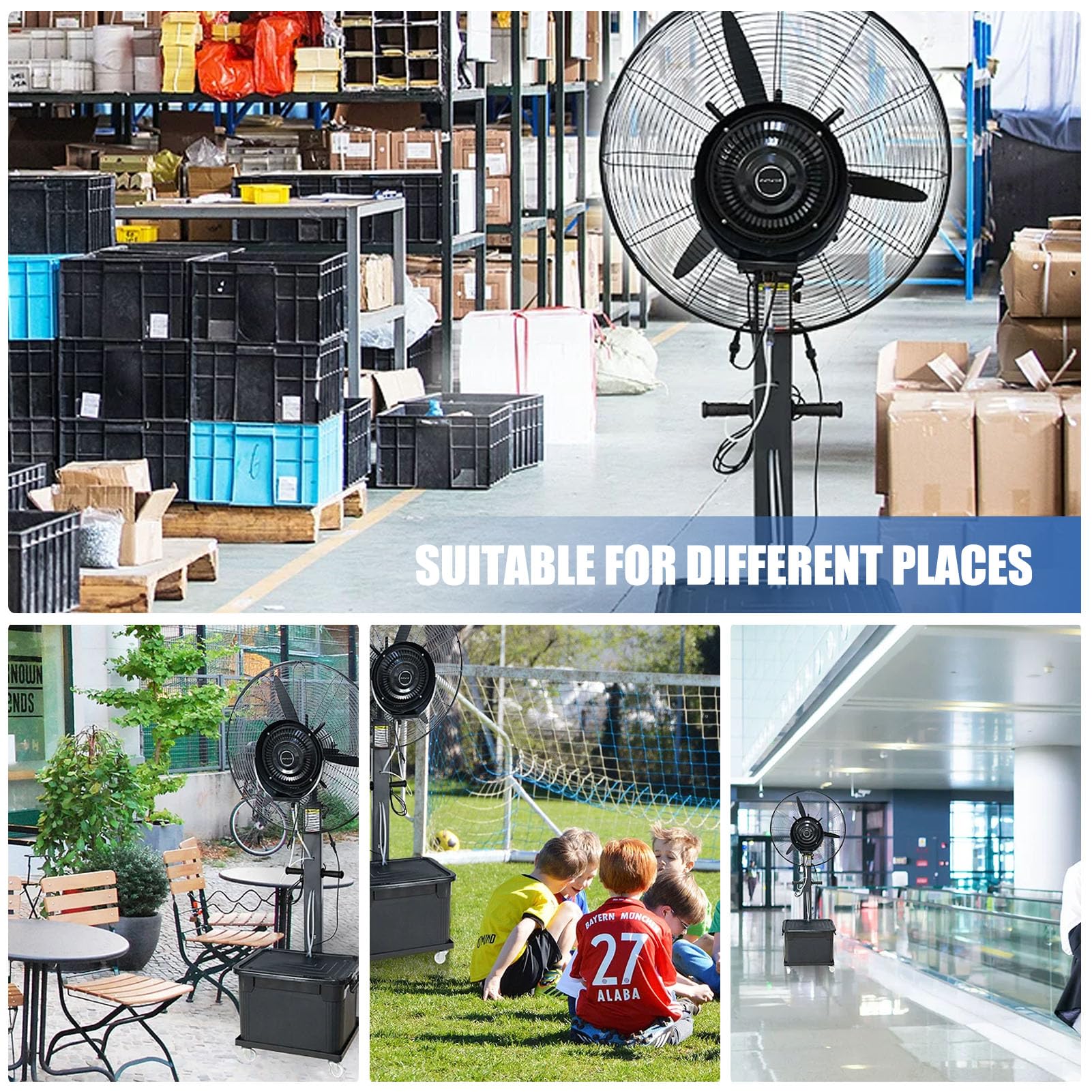Ventilador Nebulizador Industrial de Pie con Dep贸sito de Agua de 42L, 3 Velocidades, Altura Ajustable, Alcance de 7~8m, Ventilador Oscillante para Almacenes y Grandes Espacios