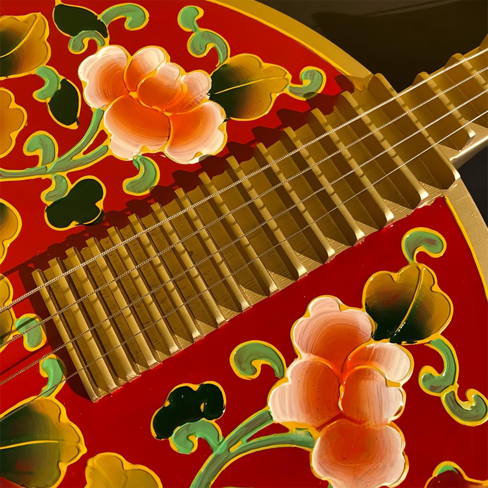Liuto Cinese a Forma Di Luna, Liuto Tradizionale a 4 Corde, Chitarra Forma Di Luna Dipinta Con Motivi Floreali, Strumento Musicale Classico per Performance Professionali, Principianti Collezionist