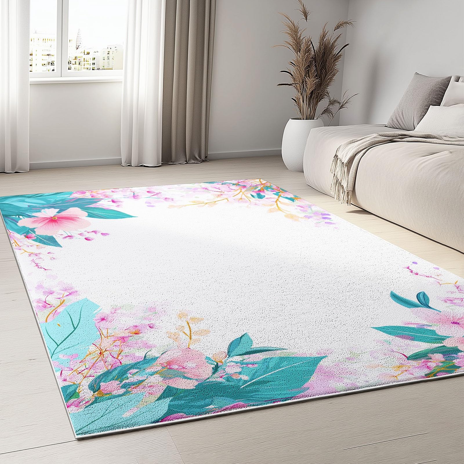Tapis lavable et antidérapant à motif fleurs feuilles blanc pour chambre