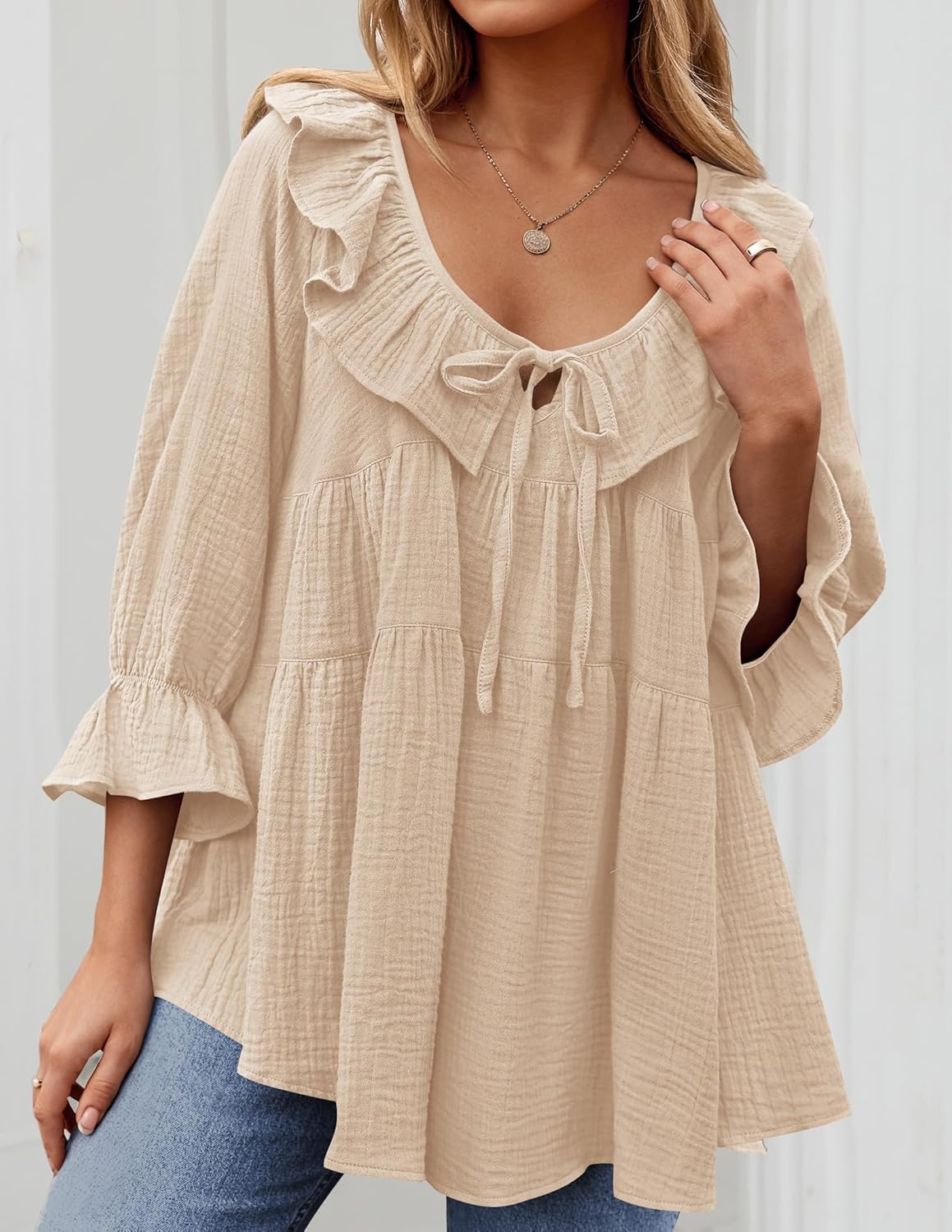 ZESICA Womens Scoop Neck 3/4 Length Sleeve Tops 2026 Casual Tie Front Ruffle Tiered Loose Tunic Shirts Blouses Fall Outfits - Image 2