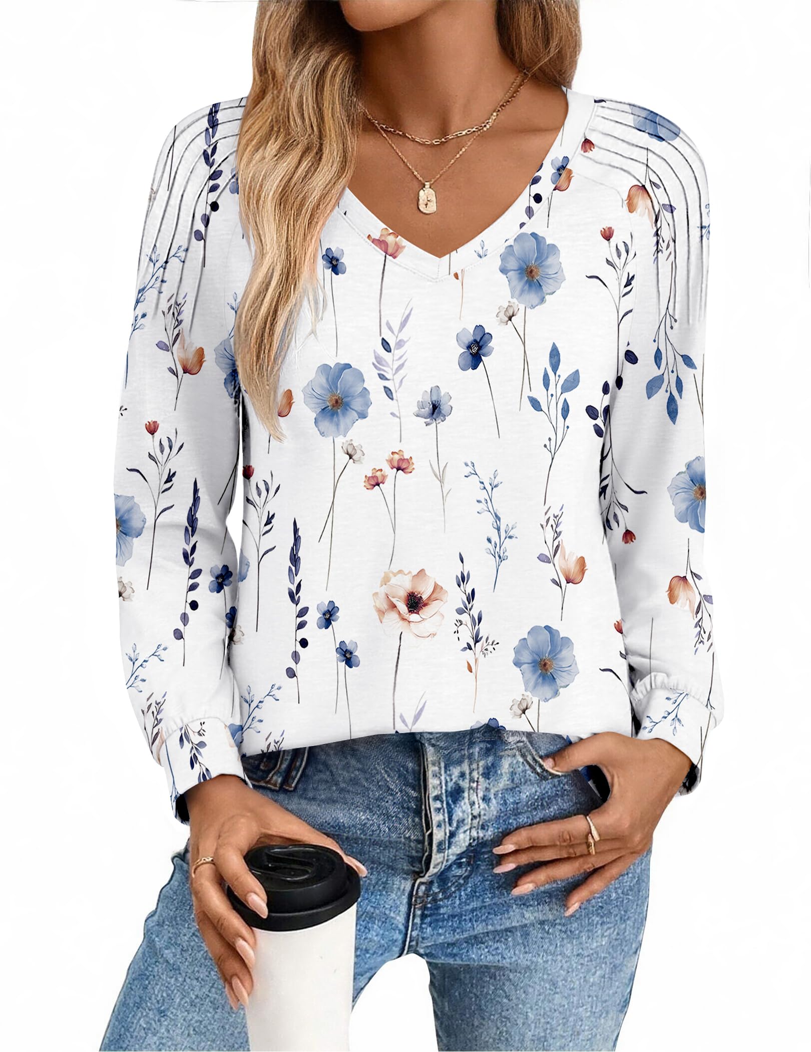 Zeagoo Long Sleeve Womens Tops Casual V Neck Shirts Pleated Dressy Blouses 2025 Fall Tunic Fashion Clothes
