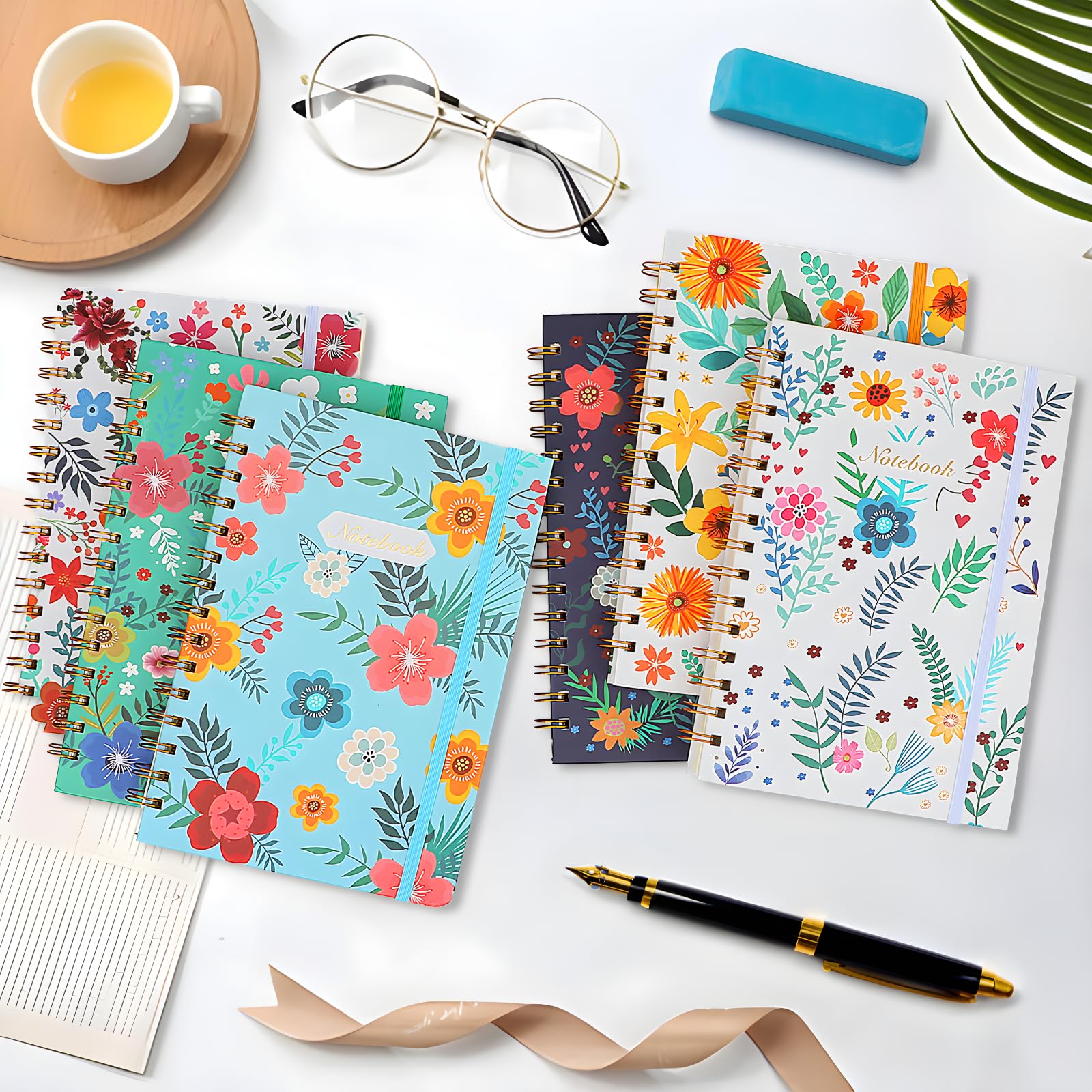 Coopay Paquete de 6 cuadernos en espiral A5 para mujer, cuadernos de composición con rayas universitarias, diario en espiral de tapa dura, lindo florecimiento, suministros de oficina, escuela