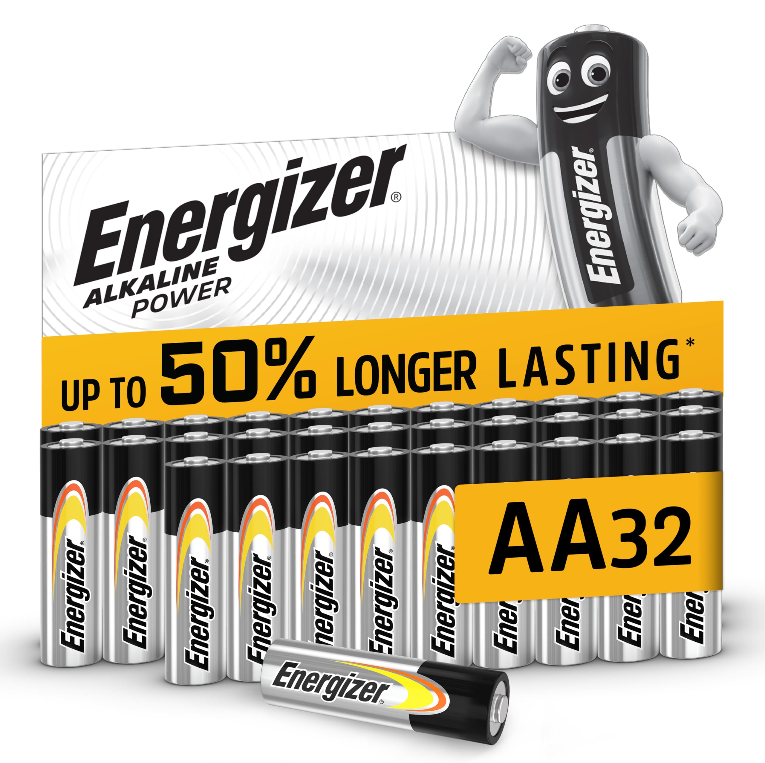 Alkaline Power - AA Batteries (32 Pack) - Double A Battery 1.5V - Up To 50% Longer Lasting - For Everyday Devices - 100% Recyclable Packaging - 7 Year Shelf-Life [Amazon Exclusive]