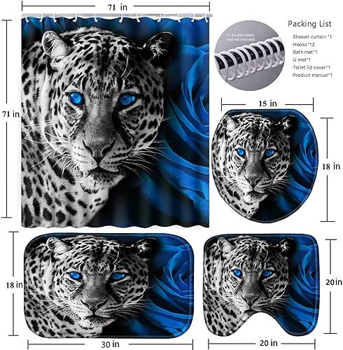 Miniatura 6 de Poedist Juego de 4 piezas de cortina de ducha con diseño de rosa azul y leopardo, juego de cortinas de ducha de estilo brillante con alfombras