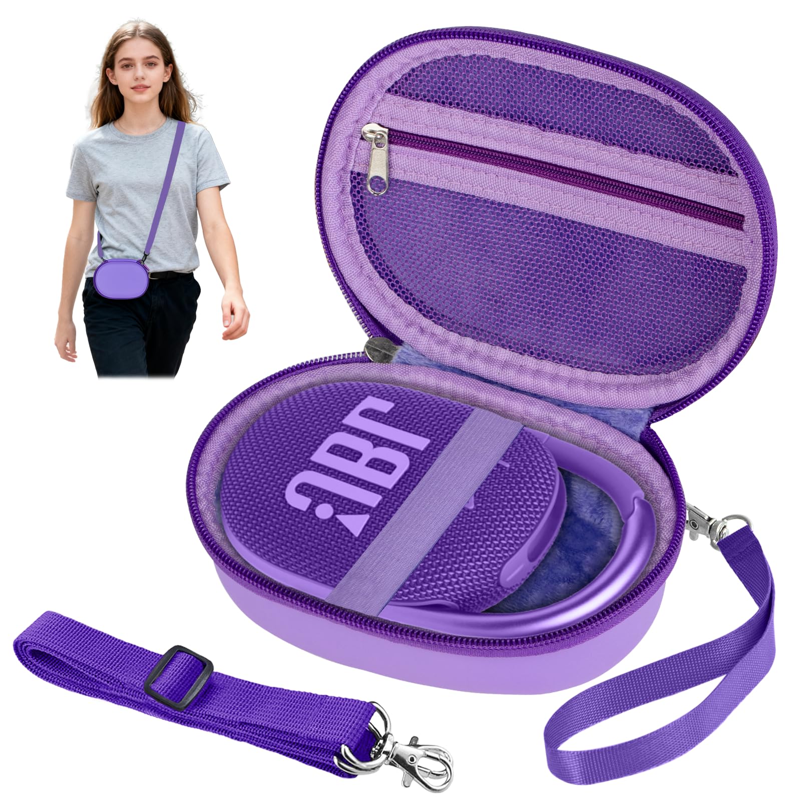 Hoarecal Tragbare EVA-Hartschale für JBL Clip 5 & Clip 4, wasserdichte und staubdichte Mini-Bluetooth-Lautsprecher-Tragetasche mit Gurt für Zuhause, Outdoor und Reisen (lila) – nur Box