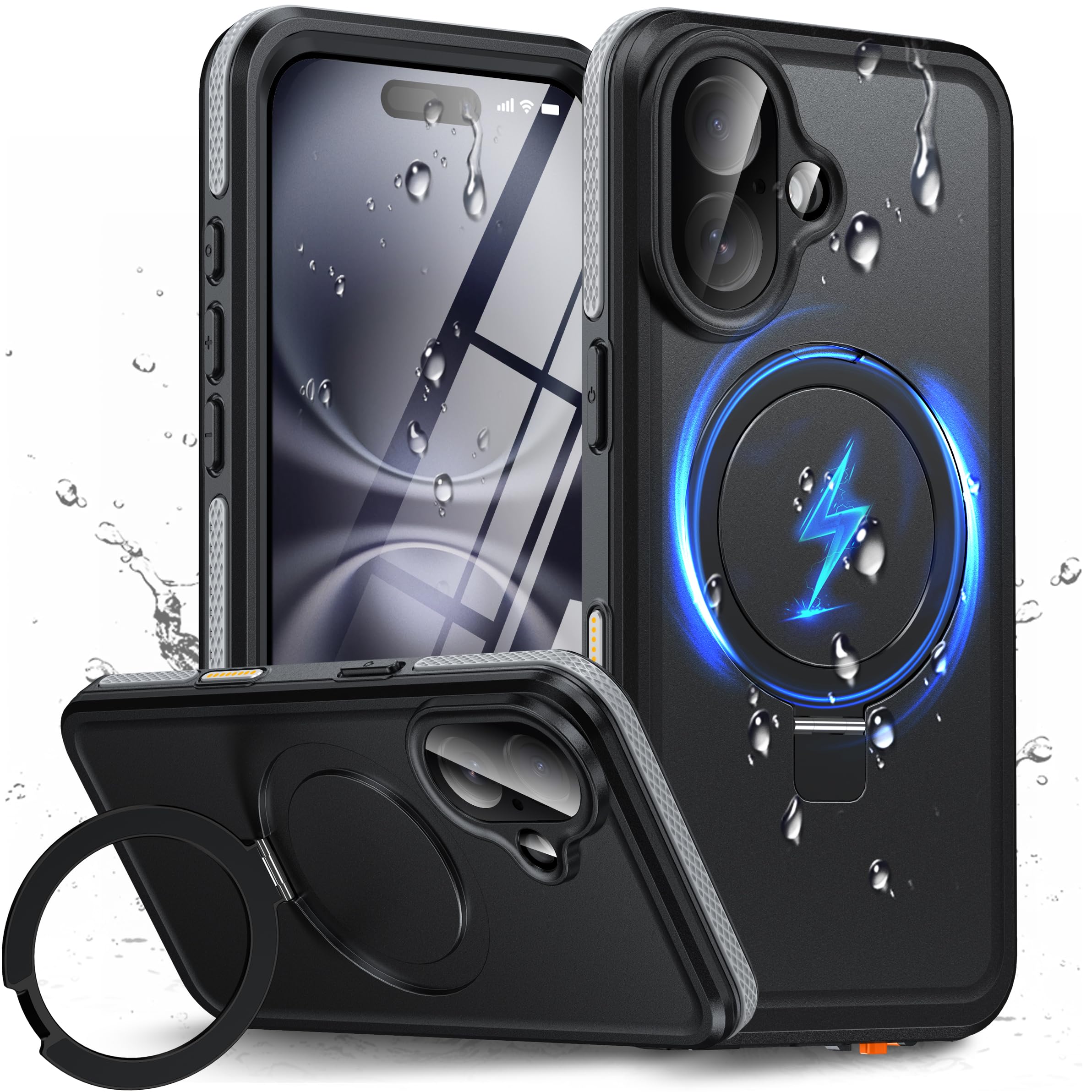 Oterkin Magnetic Stand for iPhone 16 Case Waterproof IP68, Black | Fit for Magsafe, Built-in Lens & Screen Protector, Invisible Kickstand, 360° Full
