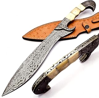 Nooraki MK-2007 Handmade Damascus Steel Fixed Blade Machete/Kukri Knife with Leather Sheath, Full Tang Multipurpose Knife with Camel Bone Handle for Hunting, Hiking, Camping, Survival, 18" Length - Nooraki