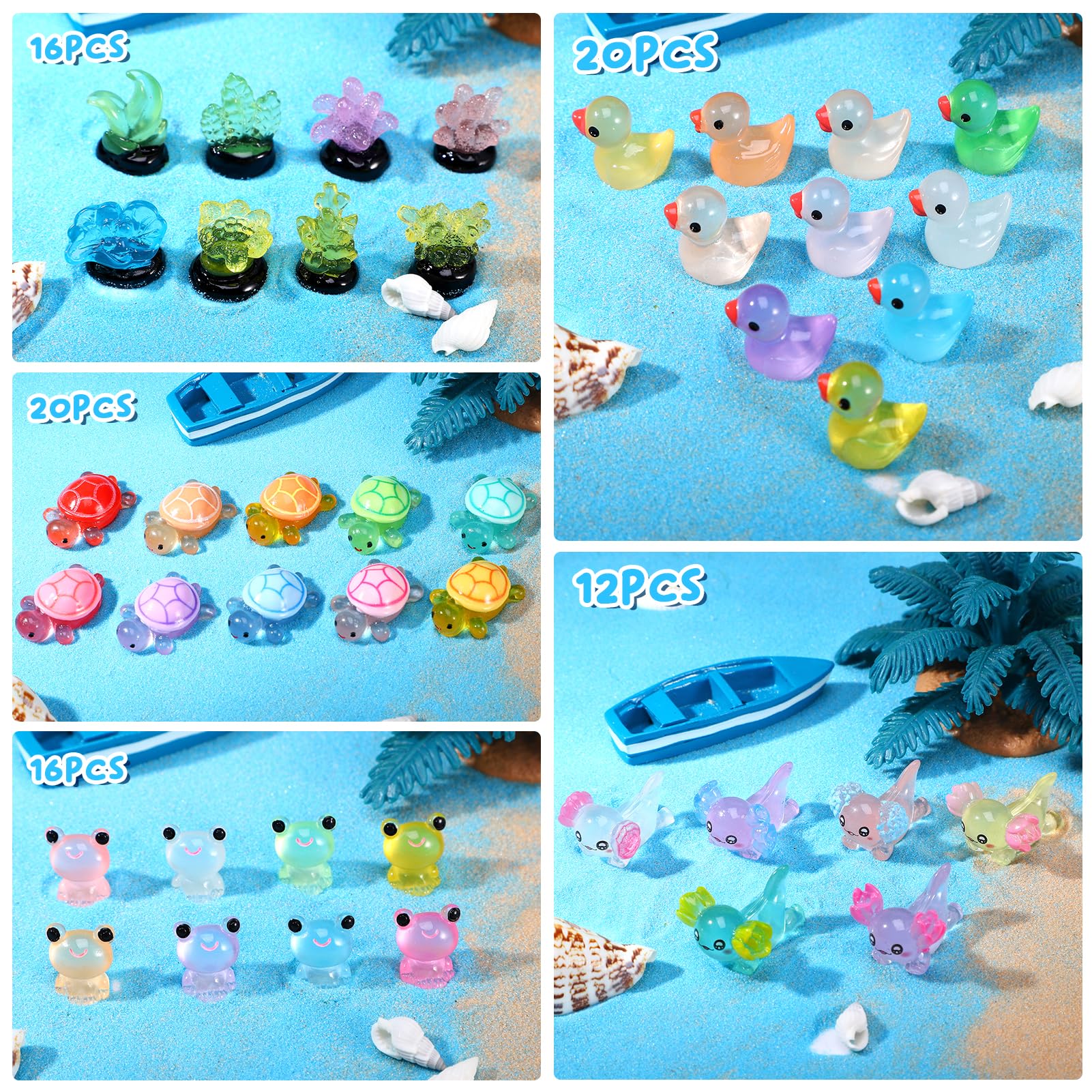 GSrenyu 84Pcs Mini Resin Animals,Luminous Resin Animal Tiny Small Animals Glow in The Dark Axolotl Duck Frog Turtle Coral Miniature Figures for Garden Dollhouse Decor - Image 2