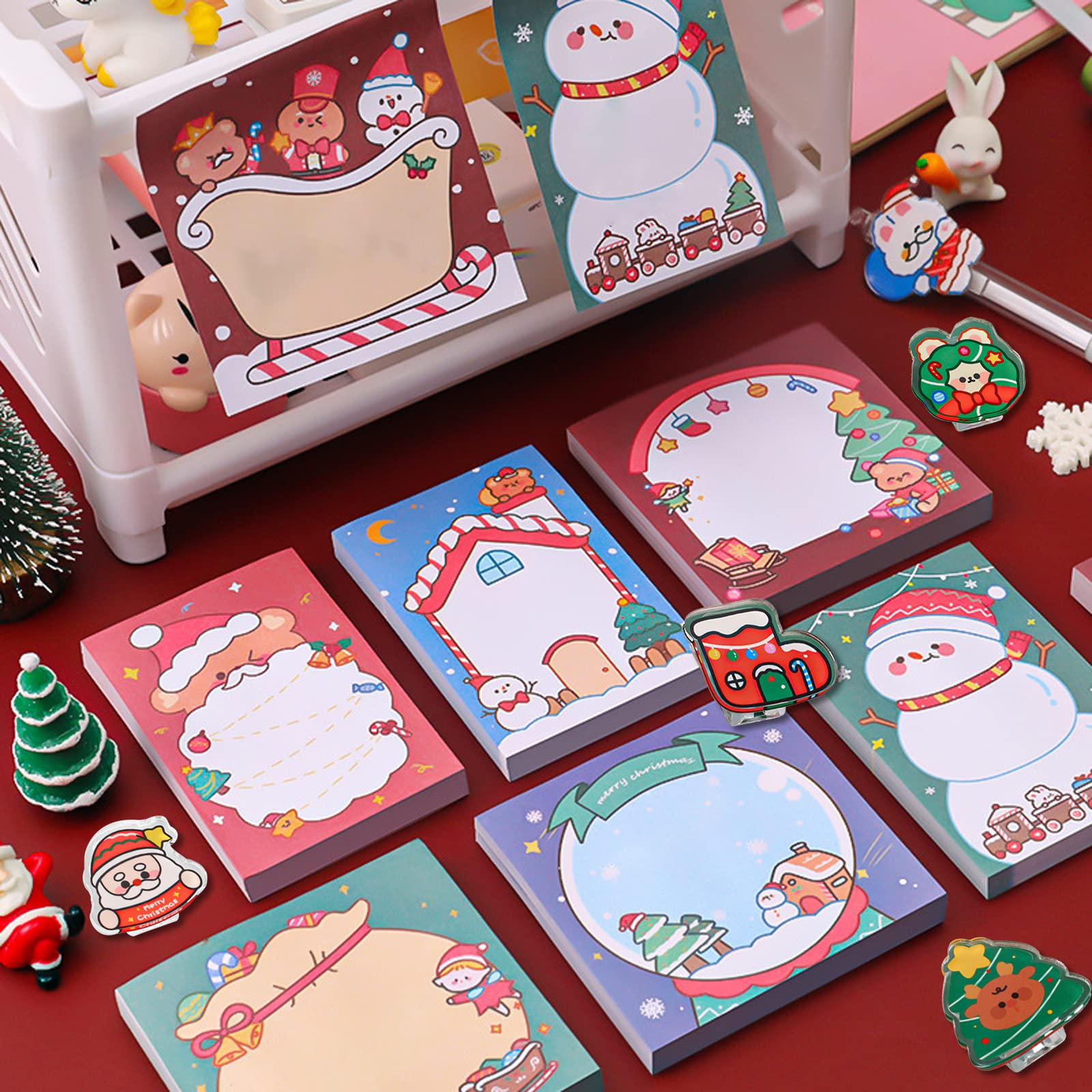 800 Pcs Christmas Sticky Notes 16 Pad Santa Self-Adhesive Post it Notes Pad + 8 Pcs Xmas Clips Color Memo Pad See Through Office School Supplies