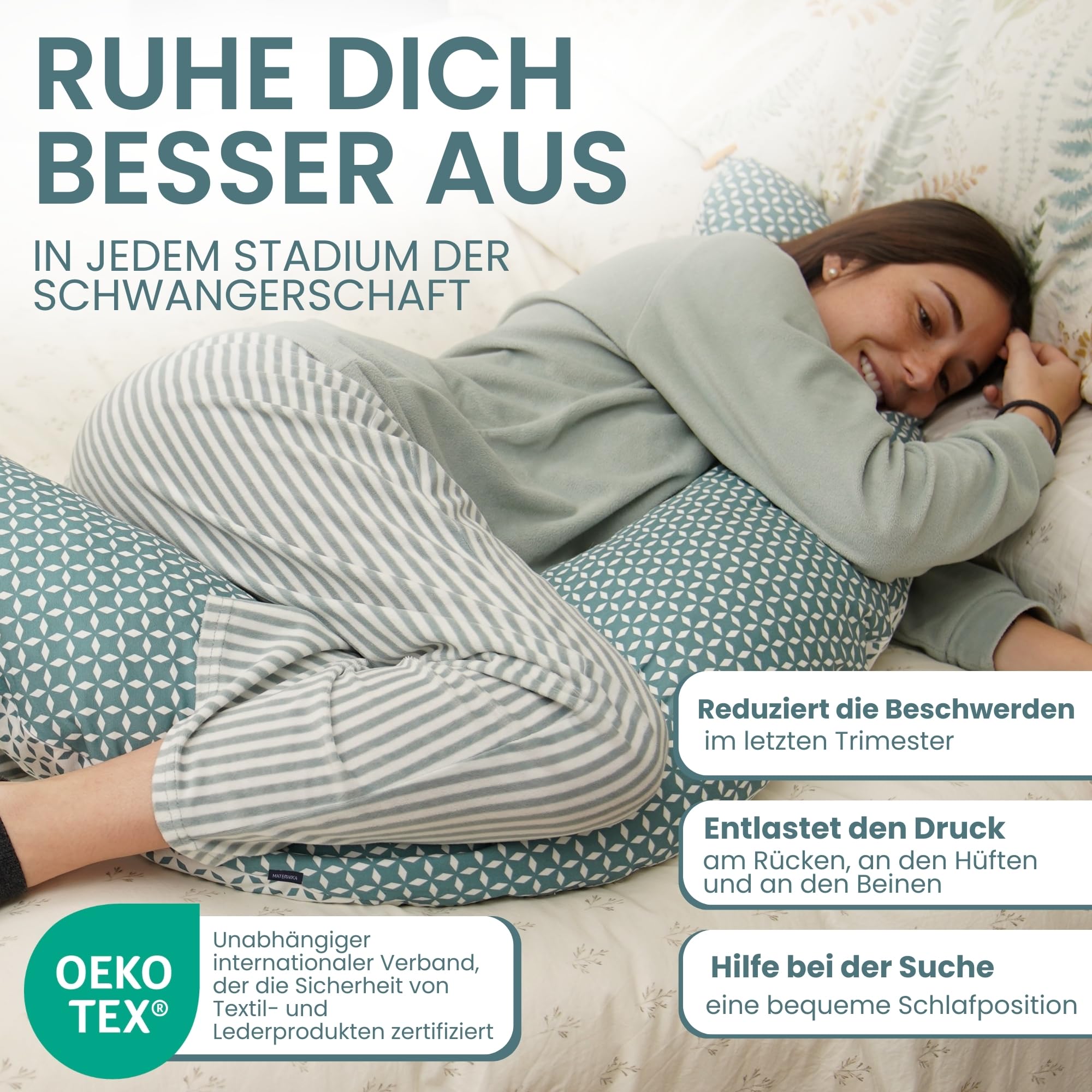 MATERNIKA 3-in-1 Schwangerschafts- und Stillkissen XL – Multifunktionales Kissen zum Schlafen, Stillen und als Babynest – Memory-Schaum-Füllung – inklusive Baby-Musselintuch