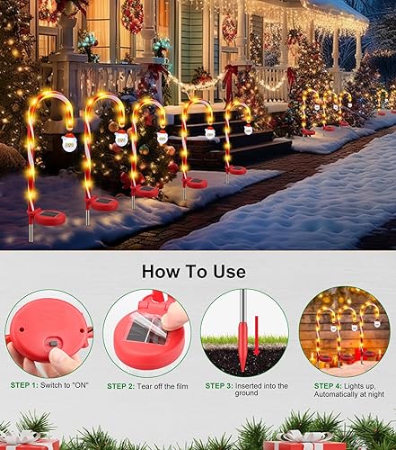 Miniatura 5 de Luces de camino de bastón de Navidad de 31 pulgadas con decoraciones solares de Navidad para exteriores, luces LED integradas, decoración de Navidad
