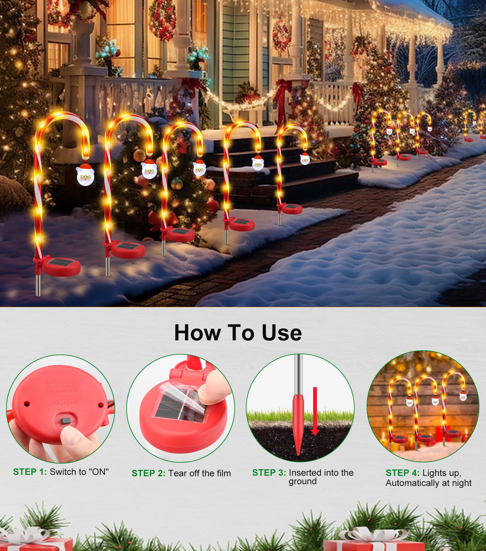 31" Christmas Cane Pathway Lights with Christmas Solar Decorations Outdoor Markers Lights Built-in LED Lights Christmas Decor for Xmas Holiday Party Walkway Patio Garden Decor 4pcs