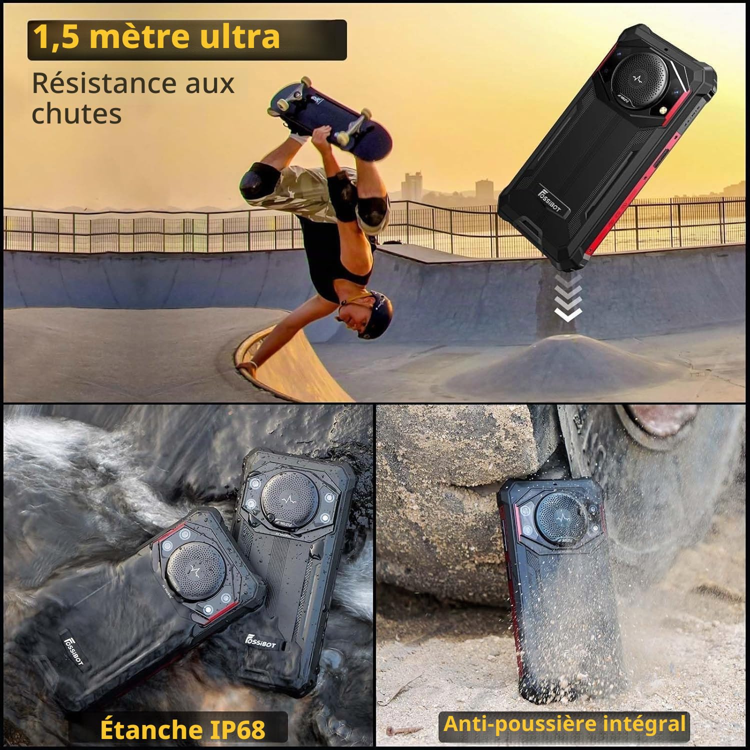 FOSSiBOT F101P Telephone Portable Incassable 10600mAh 18W 24MP Caméra, Smartphone Incassable 7Go + 64Go/1To, Android 13 4G Double SIM, 123 DB Haut-parleur/Octa-core/IP68/IP69K/OTG/Chantier (Noir)