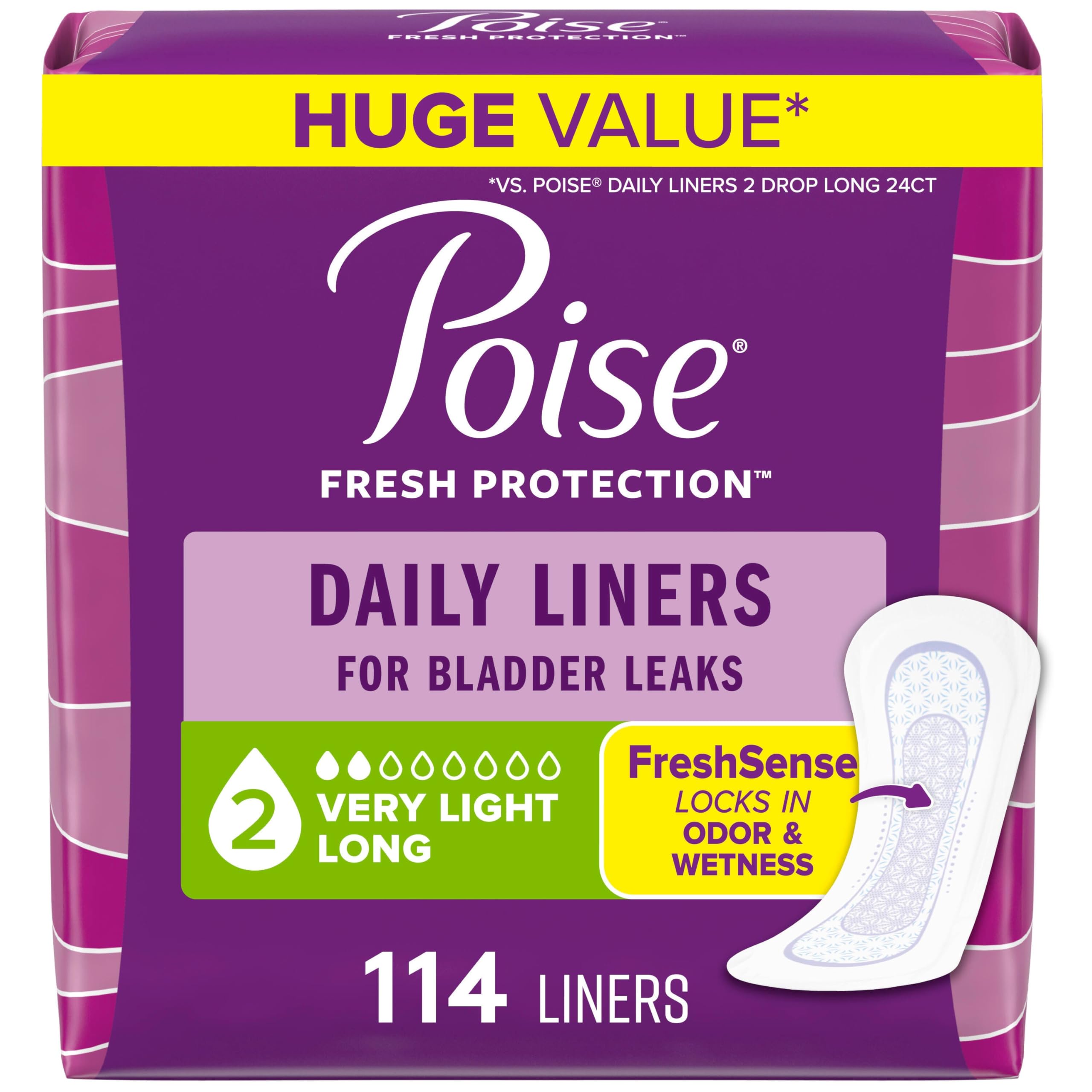 Poise Daily Liners, Incontinence Panty Liners, 2 Drop, Long, 114 ct