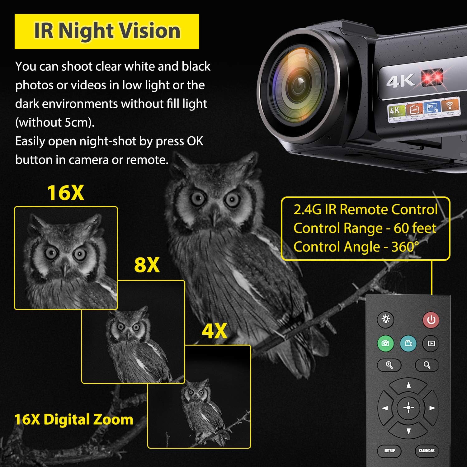 One-Day Sale: Up to 70% Off 4K Video Camera WiFi Camcorder, Vlogging Camera 48MP 60FPS IR Night Vision IPS Touch Screen for YouTube, Digital Camera with 16X Digital Zoom, Microphone, Stabilizer, 2.4G Remote Control, 2 Batteries