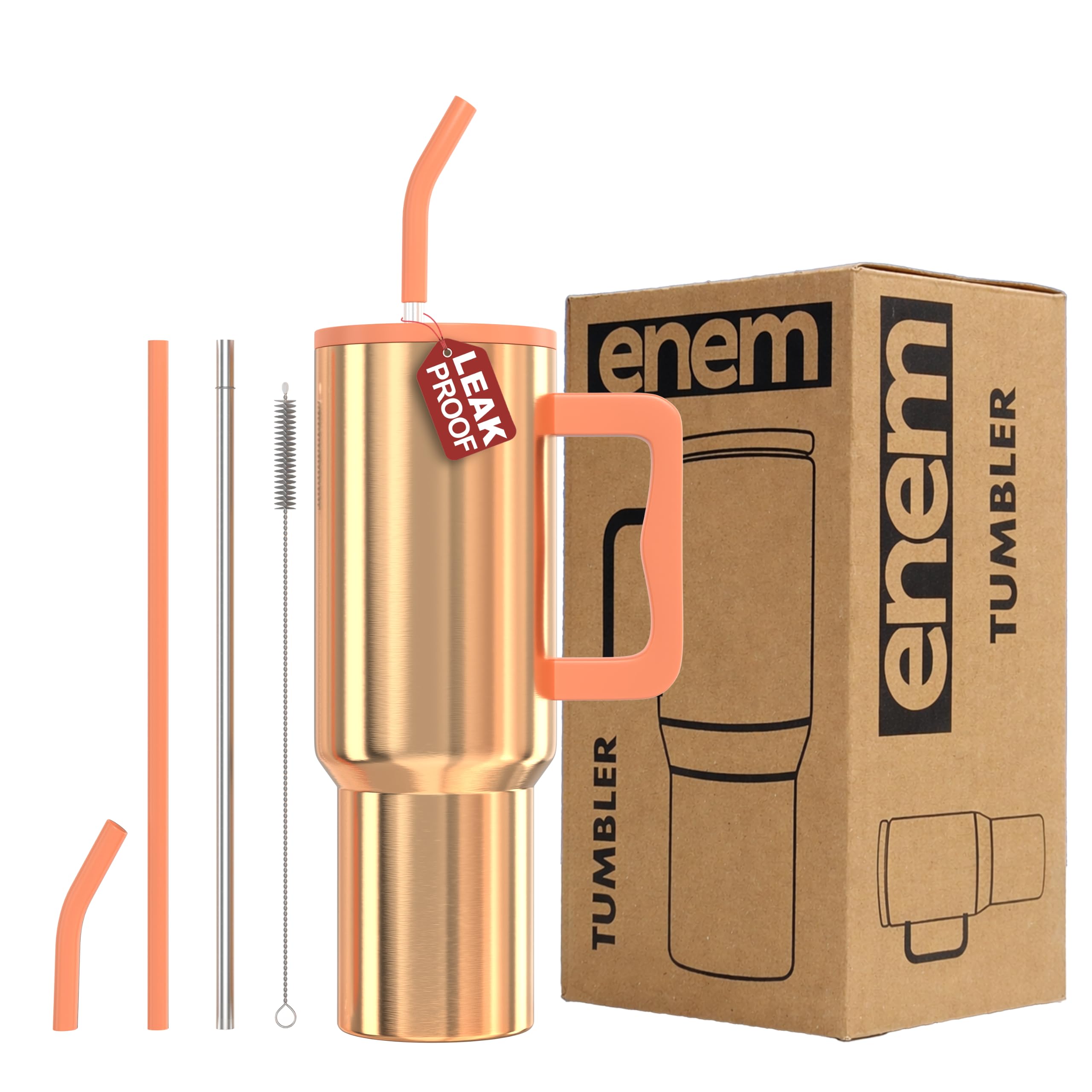 enem Tumbler, Liquid Gold, Insulated Premium Vacuum Leak Proof Tumblers, Stainless Steel Travel Mug with Handle, Lid & Straw, 1.2L Tumbler for Coffee, Iced Tea, or Water