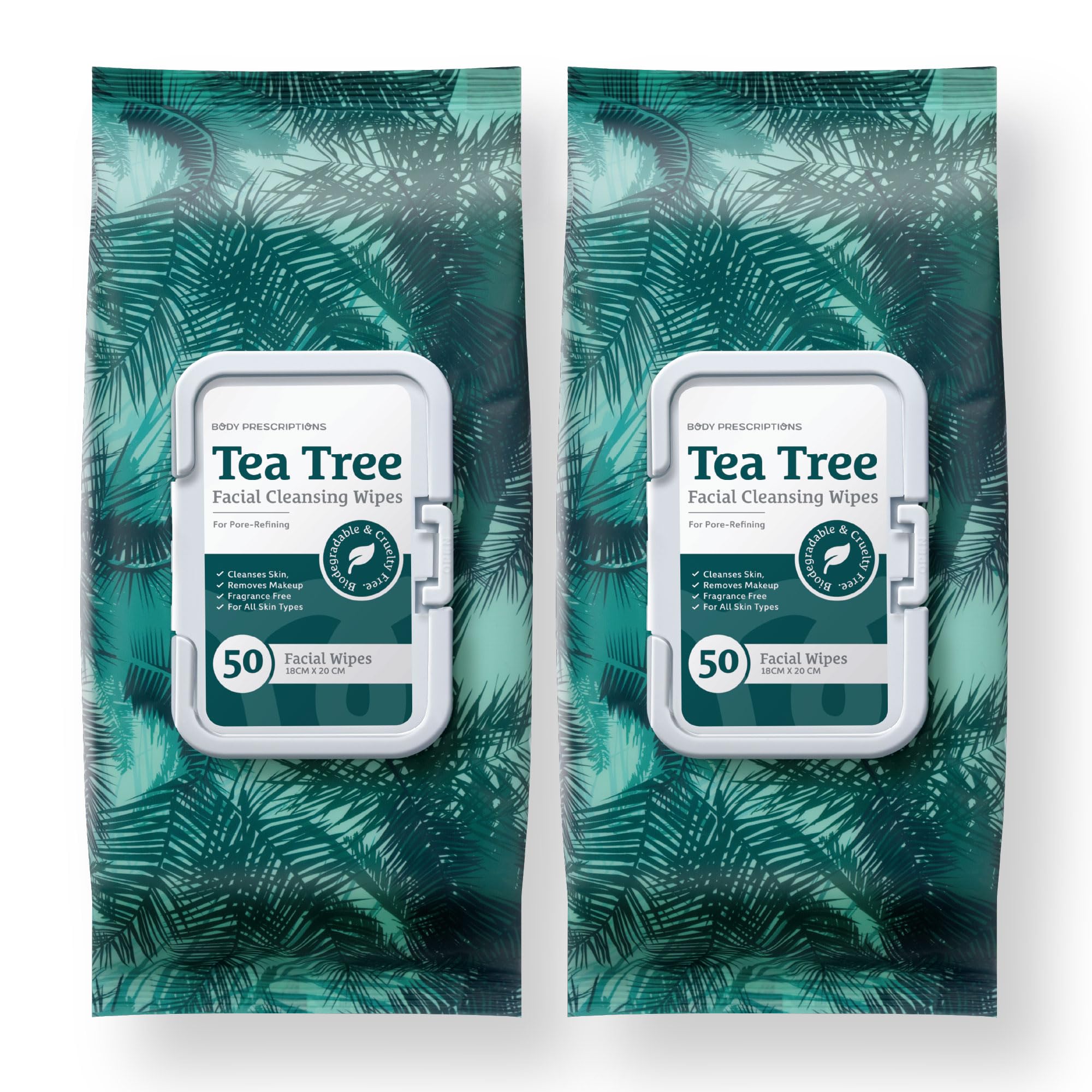 Body Prescriptions - 2 Pack (60 Count Each) Tea Tree Facial Cleansing, Pore Refining Wipes